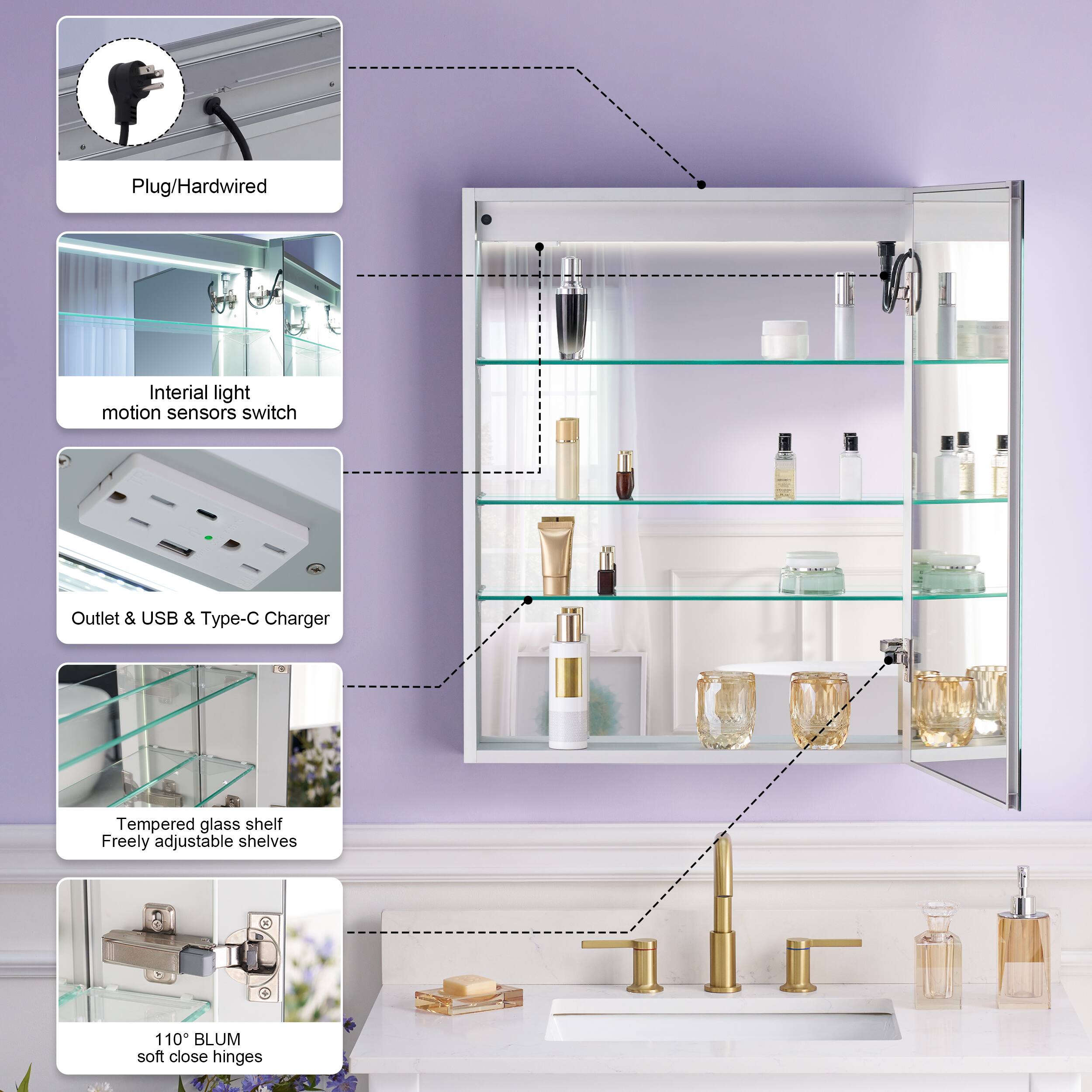 Plug/Hardwired  
Inertial light motion sensors switch  
Outlet & USB & Type-C Charger  
Tempered glass shelf  
Freely adjustable shelves  
110° BLUM soft close hinges