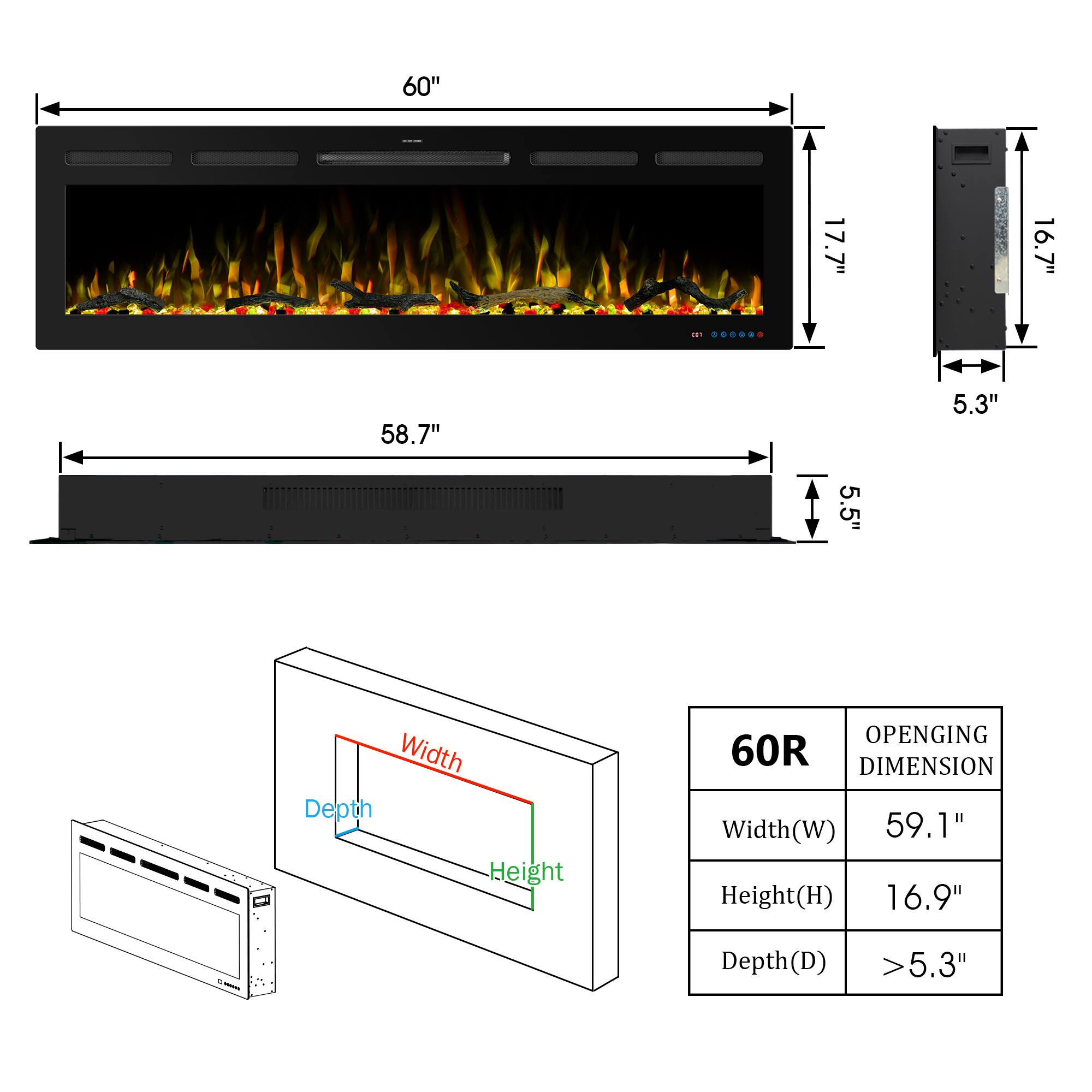 Sure, here is the corrected and grouped text from the image:

---

**60"**

- Width: 60"
- Depth: 17.7"
- Height: 16.7"
- Opening Dimension:
  - Width(W): 59.1"
  - Height(H): 16.9"
  - Depth(D): >5.3"

**58.7"**

- Width: 58.7"
- Depth: 5.3"
- Height: 5.5"

**60R**

- Opening Dimension:
  - Width(W): 59.1"
  - Height(H): 16.9"
  - Depth(D): >5.3"

---

**Diagram Labels:**

- Width
- Depth
- Height

---