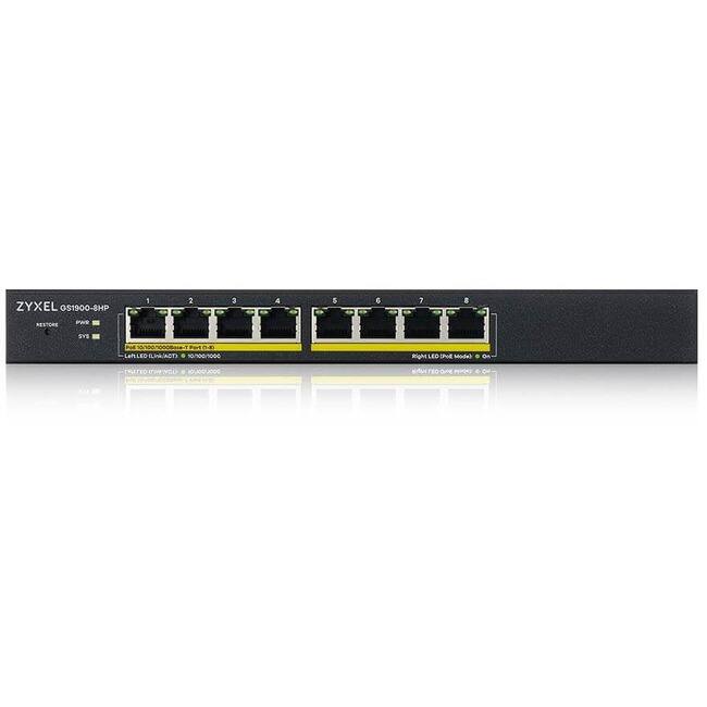 ZYXEL GS1900-8HP
1 2 3 4 5 6 7 8
Power LED
Restore
SYS LED
Right LED (Port Mode)
Right LED (Port Activity)
Port 10/100/1000Base-T (1-8)