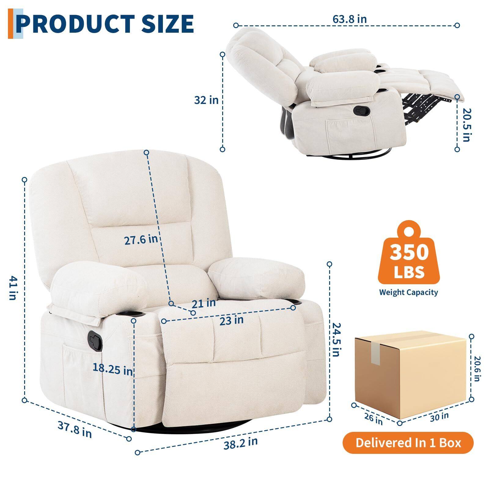 PRODUCT SIZE  
- 63.8 in  
- 41 in  
- 32 in  
- 27.6 in  
- 18.25 in  
- 21 in  
- 23 in  
- 24.5 in  
- 37.8 in  
- 38.2 in  
- 20.5 in  

Weight Capacity: 350 LBS  

Delivered In 1 Box  
- 26 in  
- 30 in  
- 20.6 in