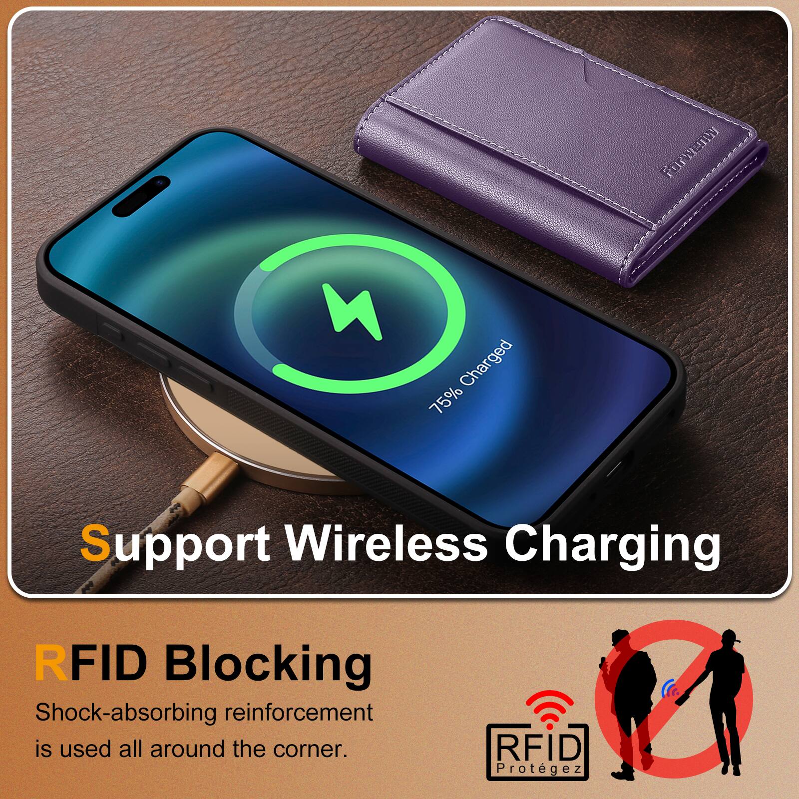 Support Wireless Charging

RFID Blocking
Shock-absorbing reinforcement is used all around the corner.

RFID Protégez