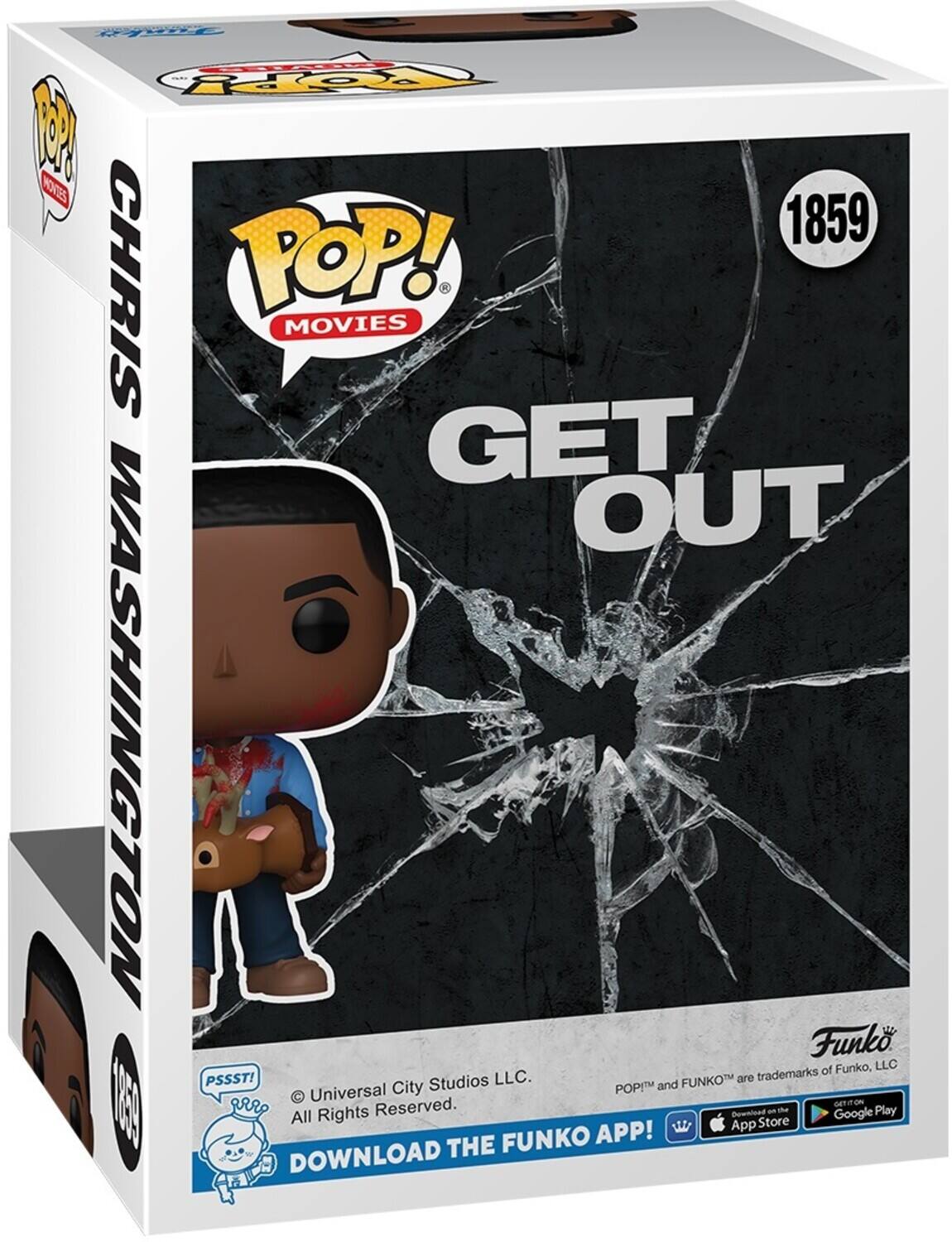 POP! MOVIES, GET OUT, CHRIS WASHINGTON, Funko, LLC, PSSST!, Universal City Studios LLC, All Rights Reserved, DOWNLOAD THE FUNKO APP!, App Store, Google Play, POP! and FUNKO are trademarks of Funko, LLC.