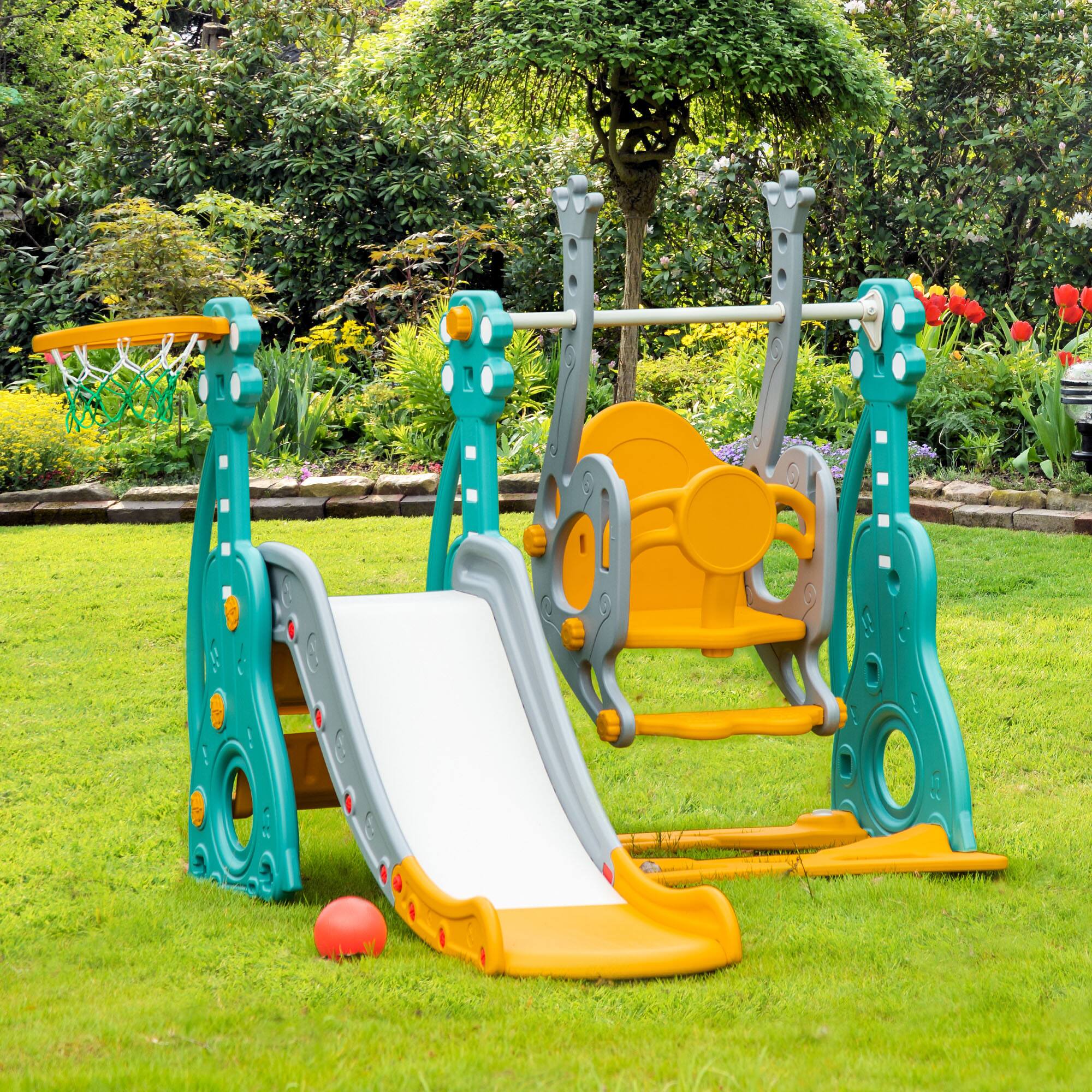 Alt View 4. Siljoy - 3‑in‑1 Toddler Swing & Slide Set, with Climber, Basketball Hoop, for Ages 1.5‑3, Indoor/Outdoor - Multicolor.