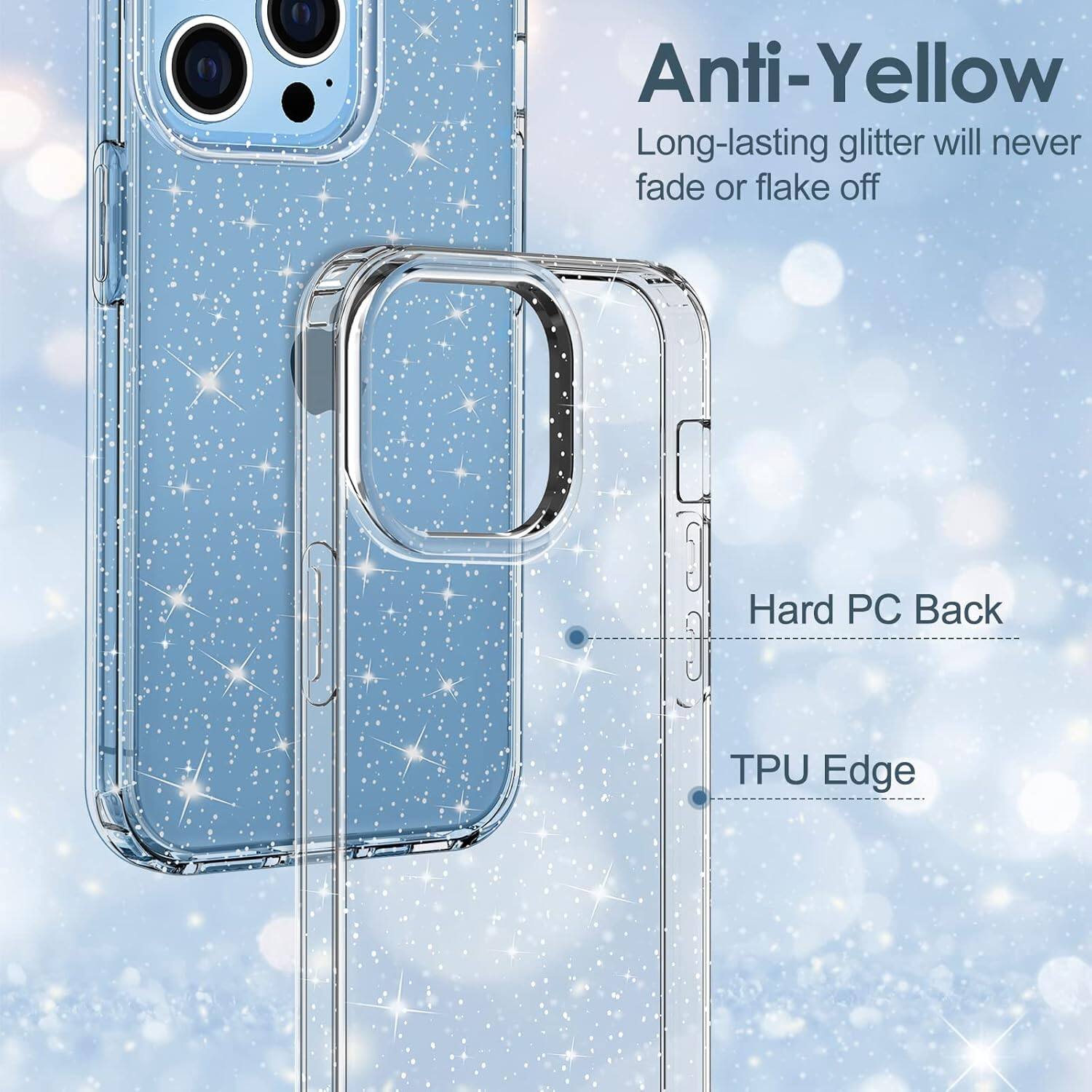 Anti-Yellow, Long-lasting glitter will never fade or flake off, Hard PC Back, TPU Edge