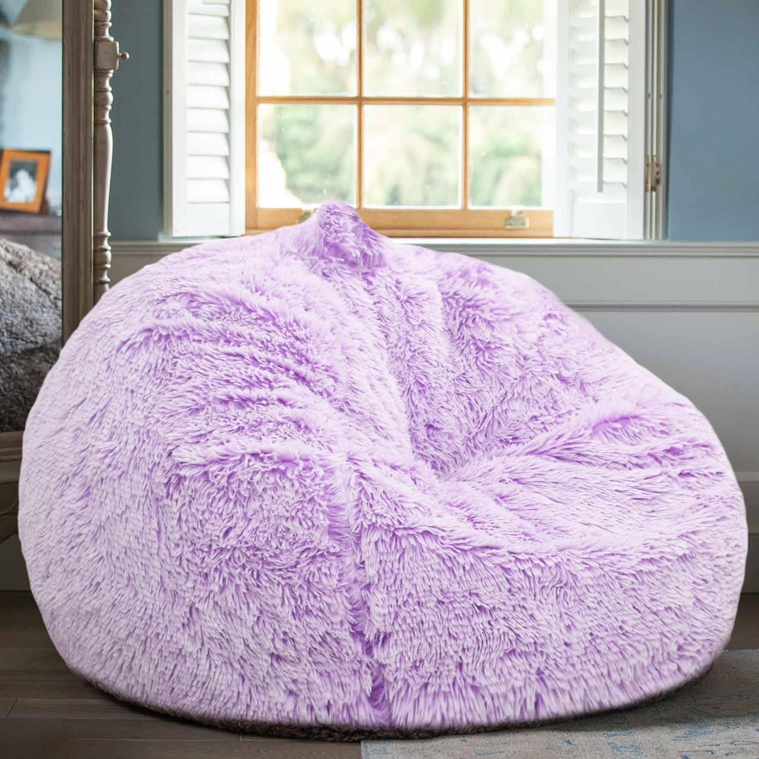 Alt View 1. JETRANSPORT - Fluffy Bean Bag Chair For 2.5ft Round Memory Foam Filled Teens & Ultra Soft Faux Fabric Chairs Playroom - Purple 2.5 FT.