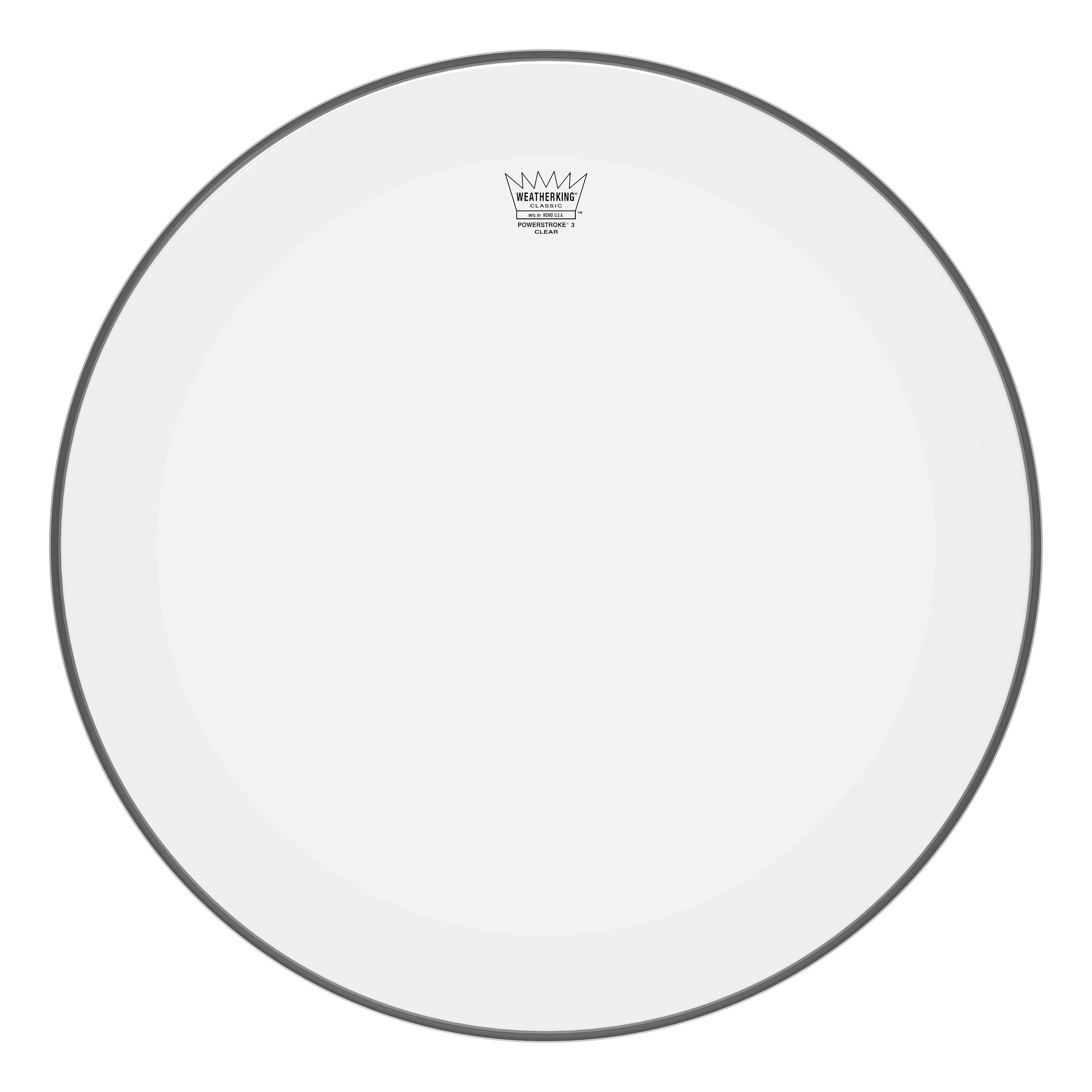 Front. Remo - Bass, Classic, Powerstroke 3, Clear, 22 Diameter, No Stripe.