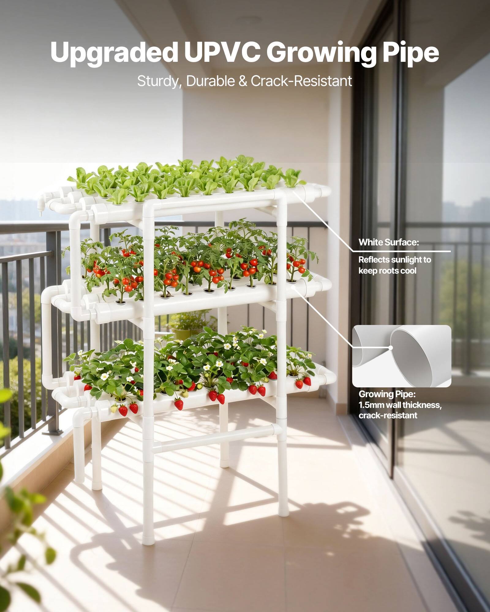 Upgraded UPVC Growing Pipe  
Sturdy, Durable & Crack-Resistant  

White Surface: Reflects sunlight to keep roots cool  

Growing Pipe: 1.5mm wall thickness, crack-resistant