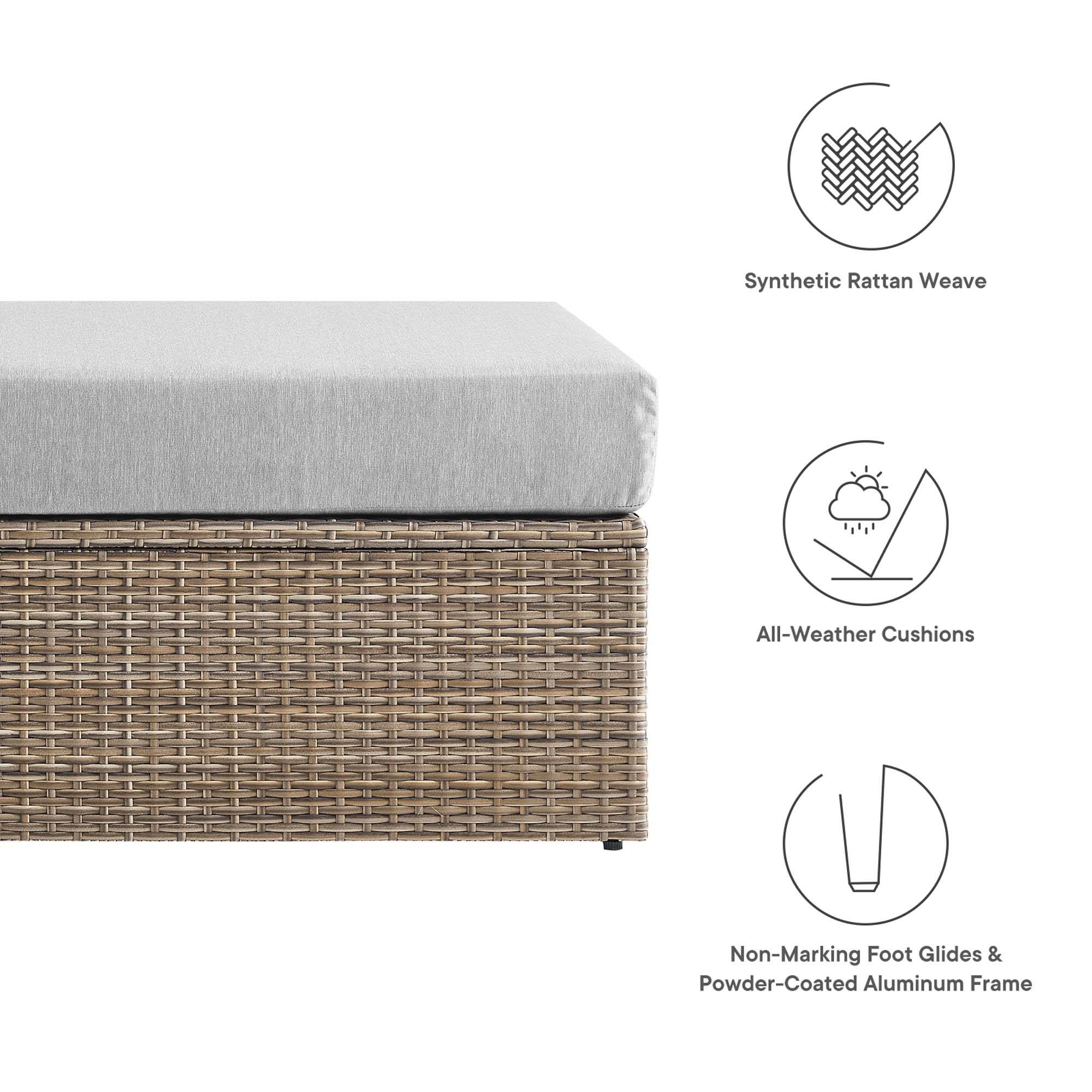 - Synthetic Rattan Weave
- All-Weather Cushions
- Non-Marking Foot Glides & Powder-Coated Aluminum Frame