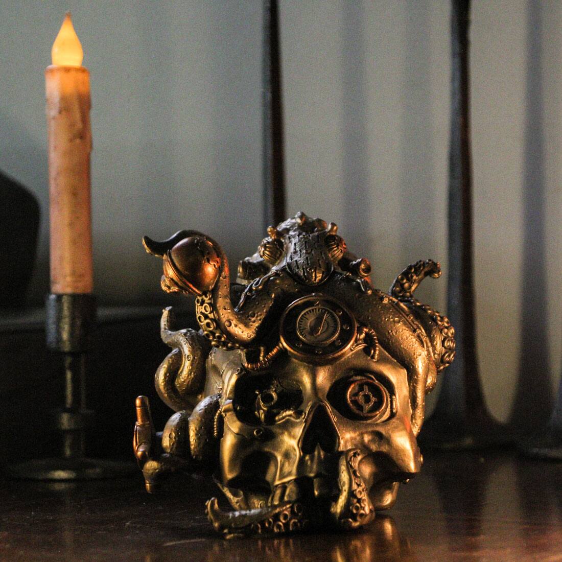 Alt View 5. Zeckos - Abyssal Bones Steampunk Mechanical Octopus On Skull Tabletop Statue - Bronze.