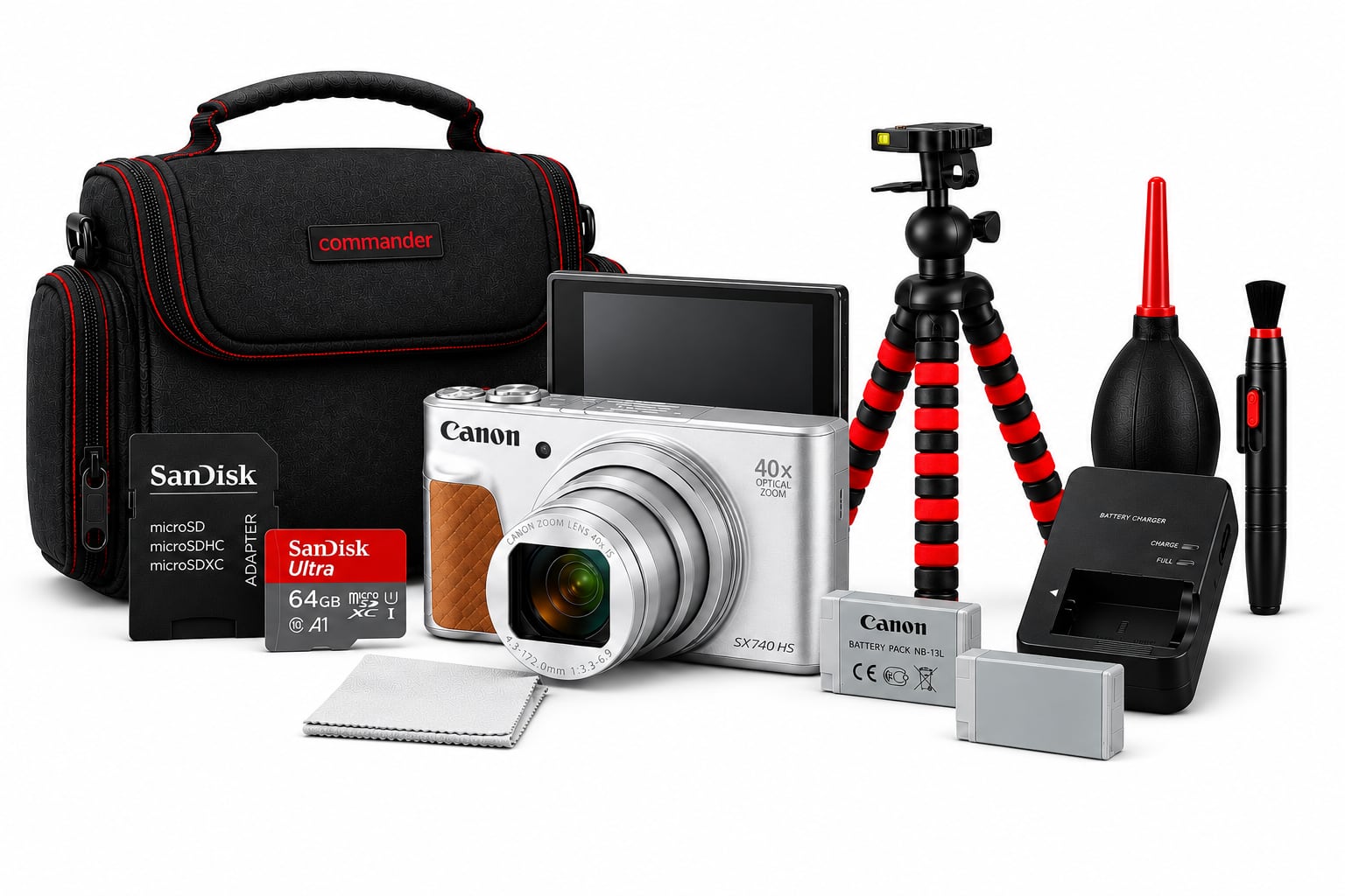 Bundle - Canon - PowerShot SX740 HS Digital Camera with 64GB SD Card, Tripod, Extra Battery , Case, Vlogging Travel Kit - Silver