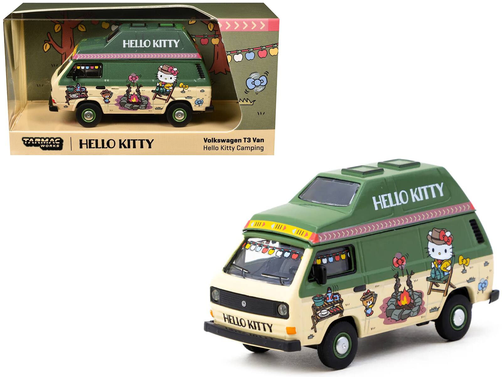 Schuco - Volkswagen T3 Van Hello Kitty Camping with Graphics Collab64 Series 1/64 & & Tarmac Works - Green and Beige