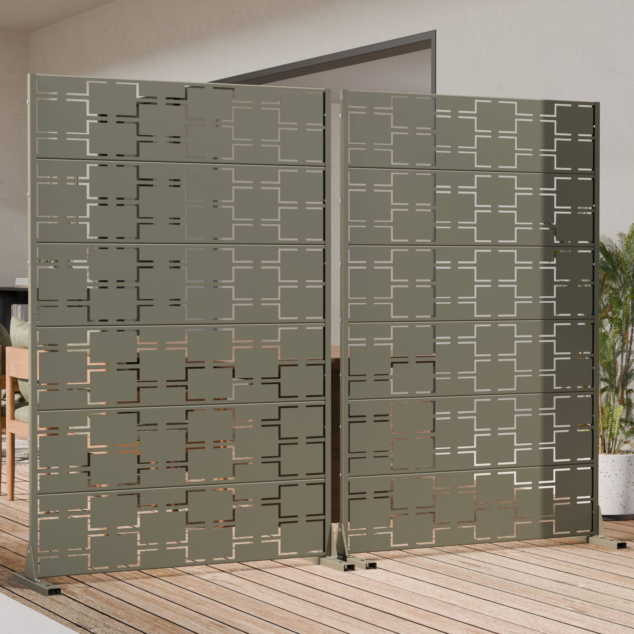 Alt View 1. PexFix - 72" x 47" Outdoor Privacy Screen Metal Freestanding Patio Screen with Modern Geometric Cutouts Decorative - Olive Gray.