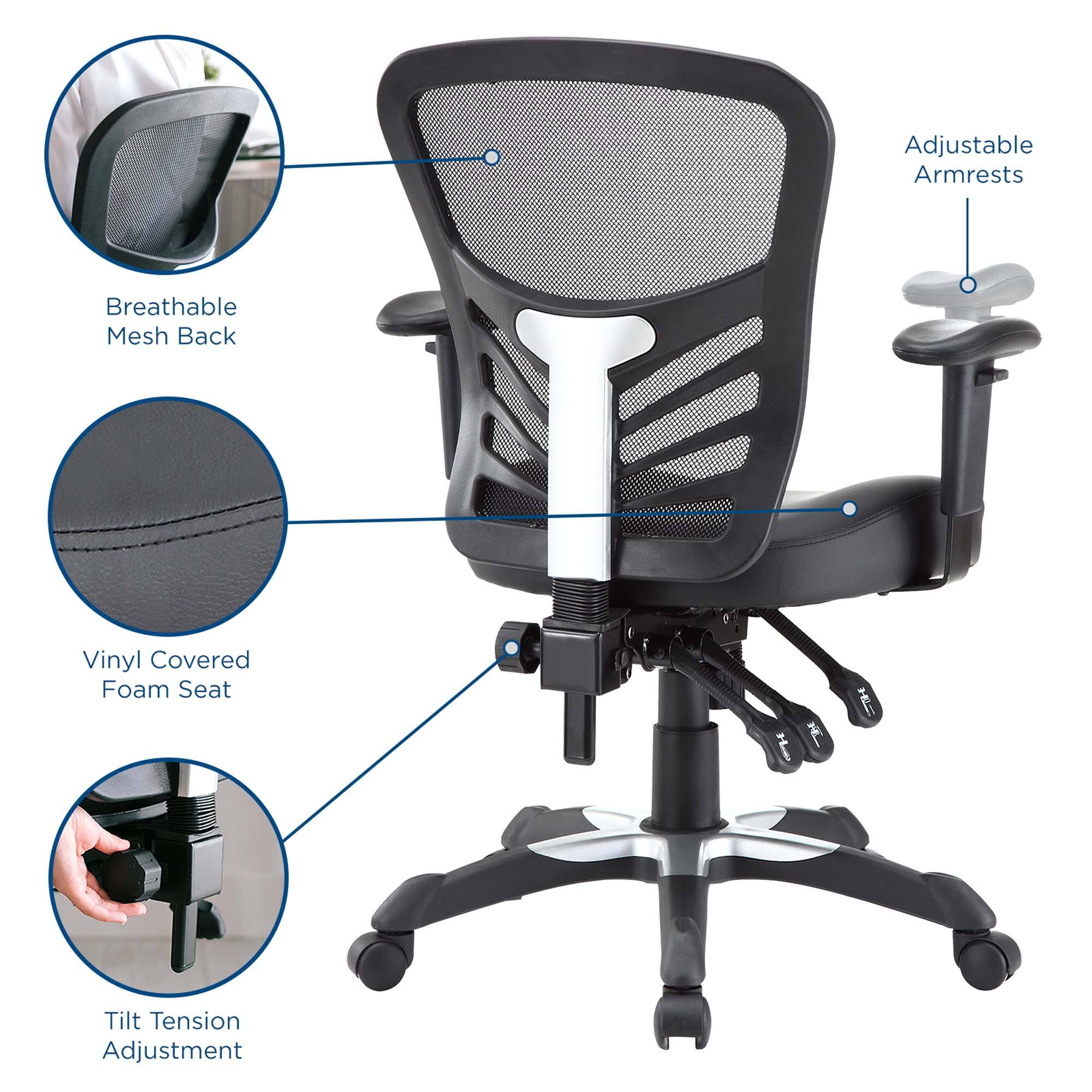 - Adjustable Armrests
- Breathable Mesh Back
- Vinyl Covered Foam Seat
- Tilt Tension Adjustment