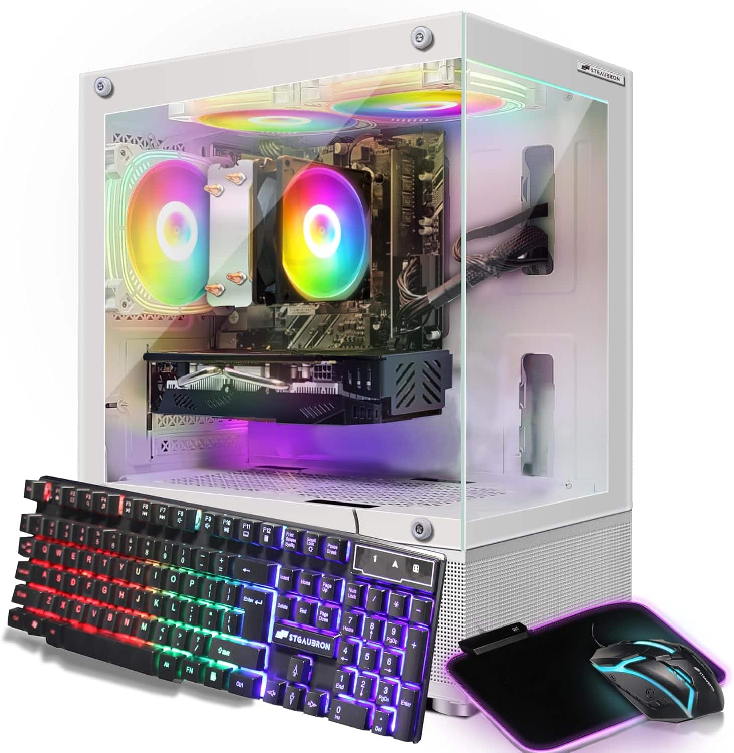 STGAubron - Gaming PC Computer Desktop, AMD Athlon 3000G 3.5Ghz, Radeon RX 580 16G GDDR5, 16G DDR4, 1T SSD, Win11 H, White - Black