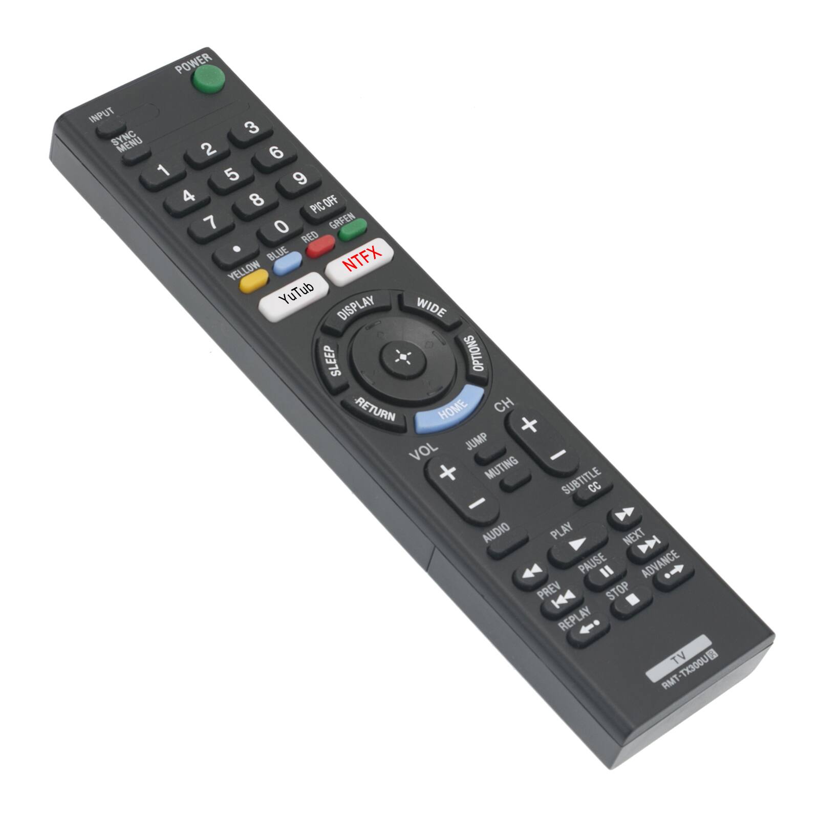 POWER INPUT 3 SYNC MENU 2 6 1 5 9 4 8 PIC OFF PIC 7 0 GREEN RED BLUE NTFX YELLOW YuTub DISPLAY WIDE SLEEP OPTIONS RETURN HOME CH + VOL JUMP MUTING SUBTITLE CC AUDIO PLAY NEXT PAUSE ADVANCE PREV KA STOP REPLAY TV RMT-TX300U
