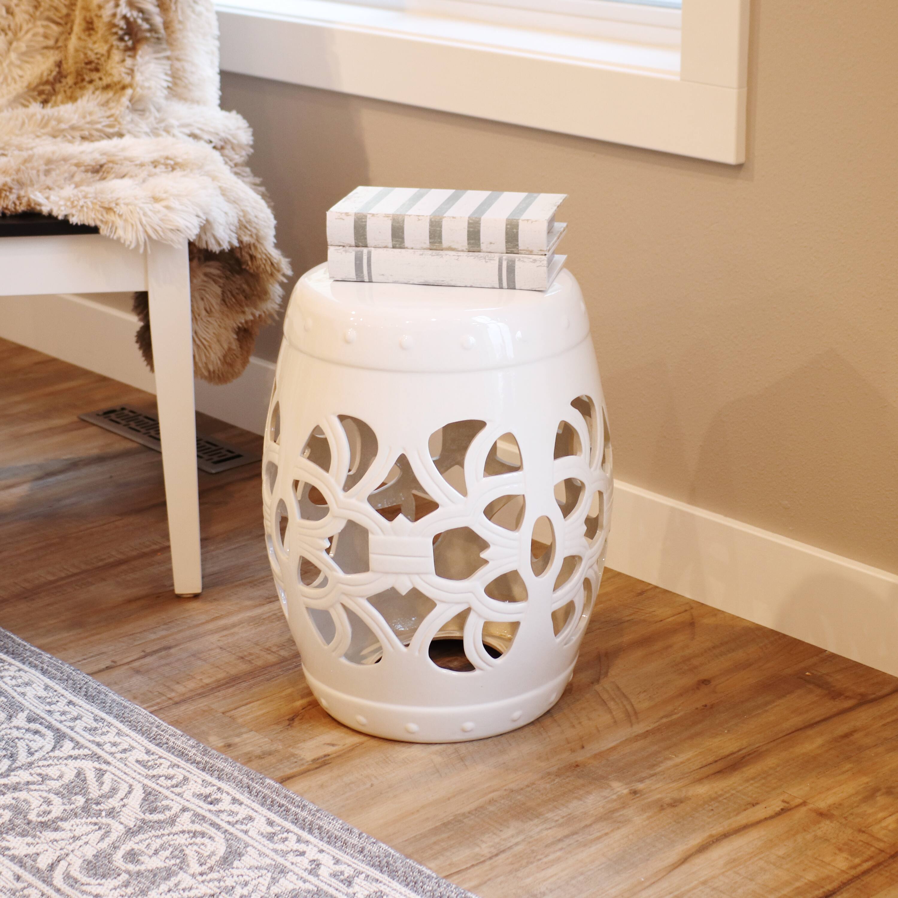 Alt View 5. Sunnydaze - 18 in Knotted Quatrefoil Ceramic Glaze Garden Stool - White.