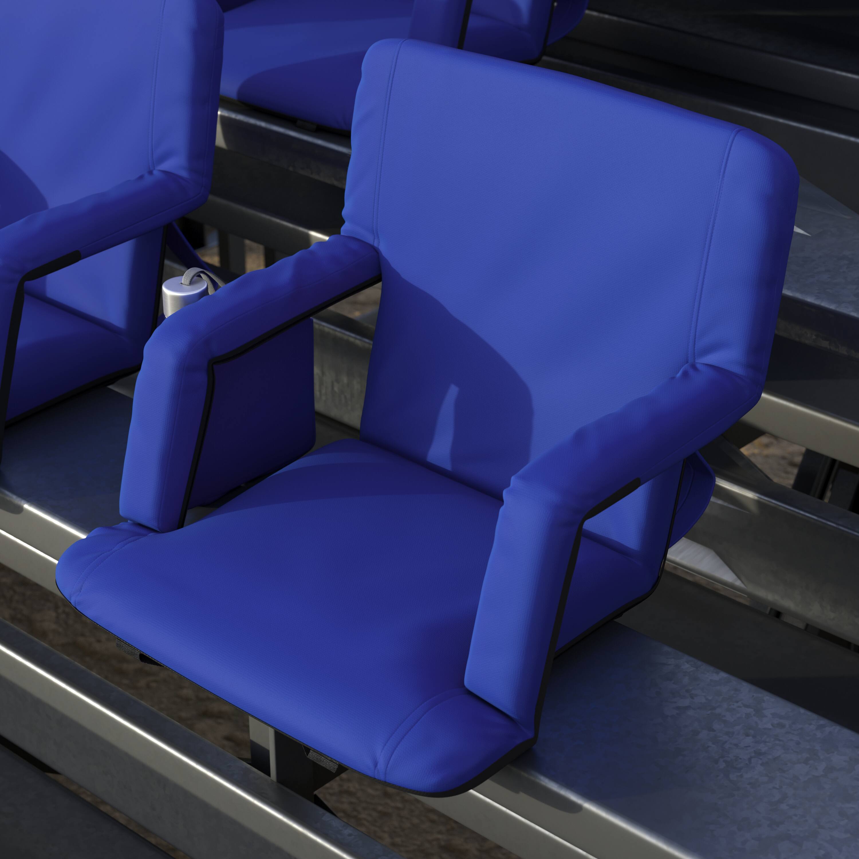 Alt View 4. Emma + Oliver - 2 Pack Folding Metal Stadium Chairs with Padded, Reclining Back & Armrests - Blue.