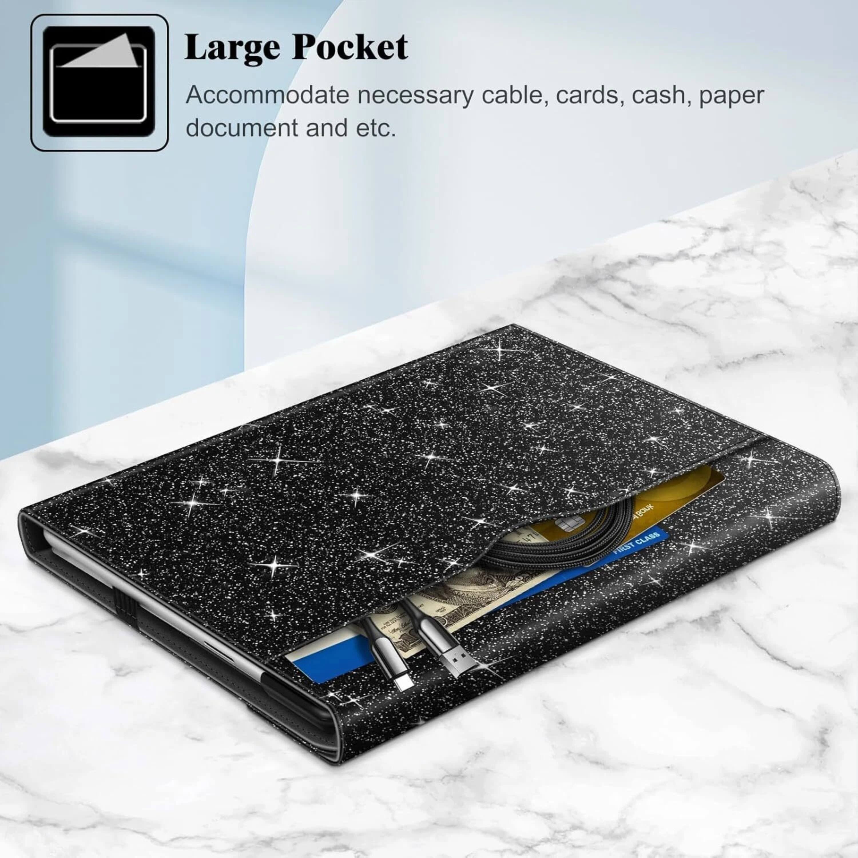 Large Pocket  
Accommodate necessary cable, cards, cash, paper document and etc.