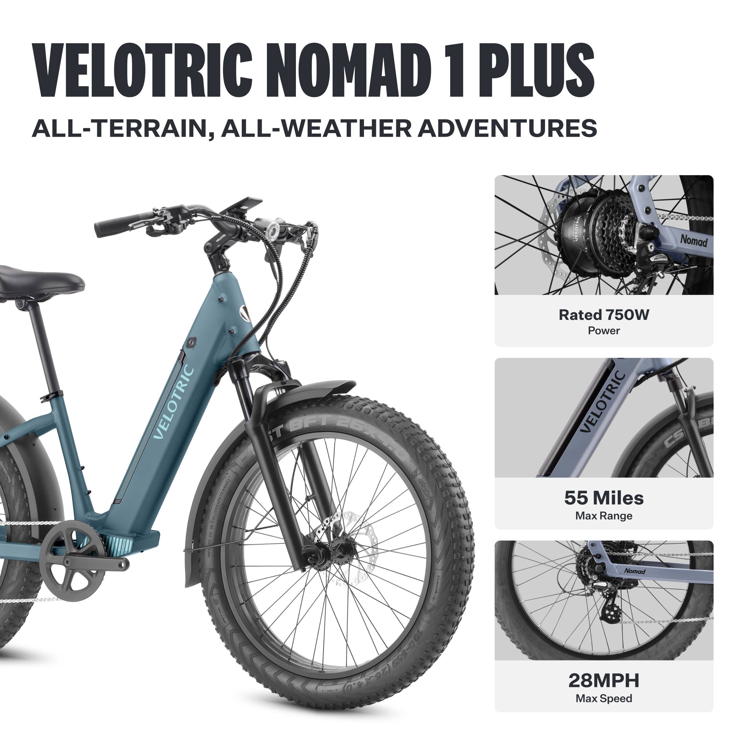 VELOTRIC NOMAD 1 PLUS ALL-TERRAIN, ALL-WEATHER ADVENTURES Nomad VELOTRIC BFT 26 iT 26X4D I Rated 750W Power VELOTRIC 55 Miles Max Range Nama 28MPH Max Speed