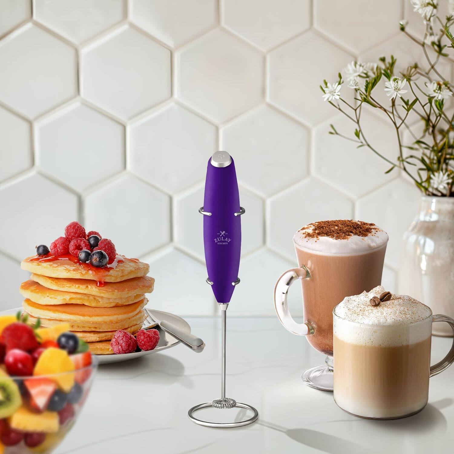 Angle. Zulay Kitchen - Zulay Kitchen Powerful Milk Frother Wand - Ultra Fast Handheld Drink Mixer - Purple.