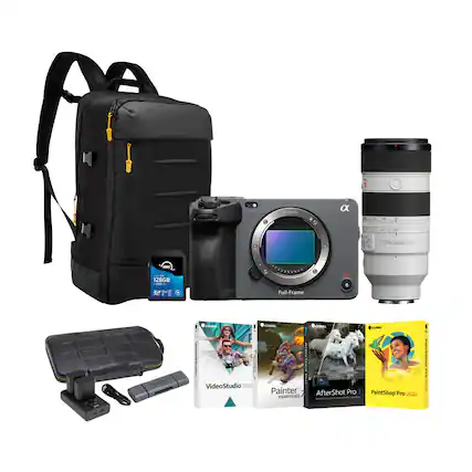 The image features a black backpack, a camera, a lens, and various other items such as a book, a box, and a cup. The backpack is placed next to the camera, while the lens is positioned nearby. The book is located on the left side of the image, and the box is situated on the right side. The cup is placed at the top right corner of the image. The items are arranged in a way that showcases the backpack and its contents, likely for a promotional or educational purpose.