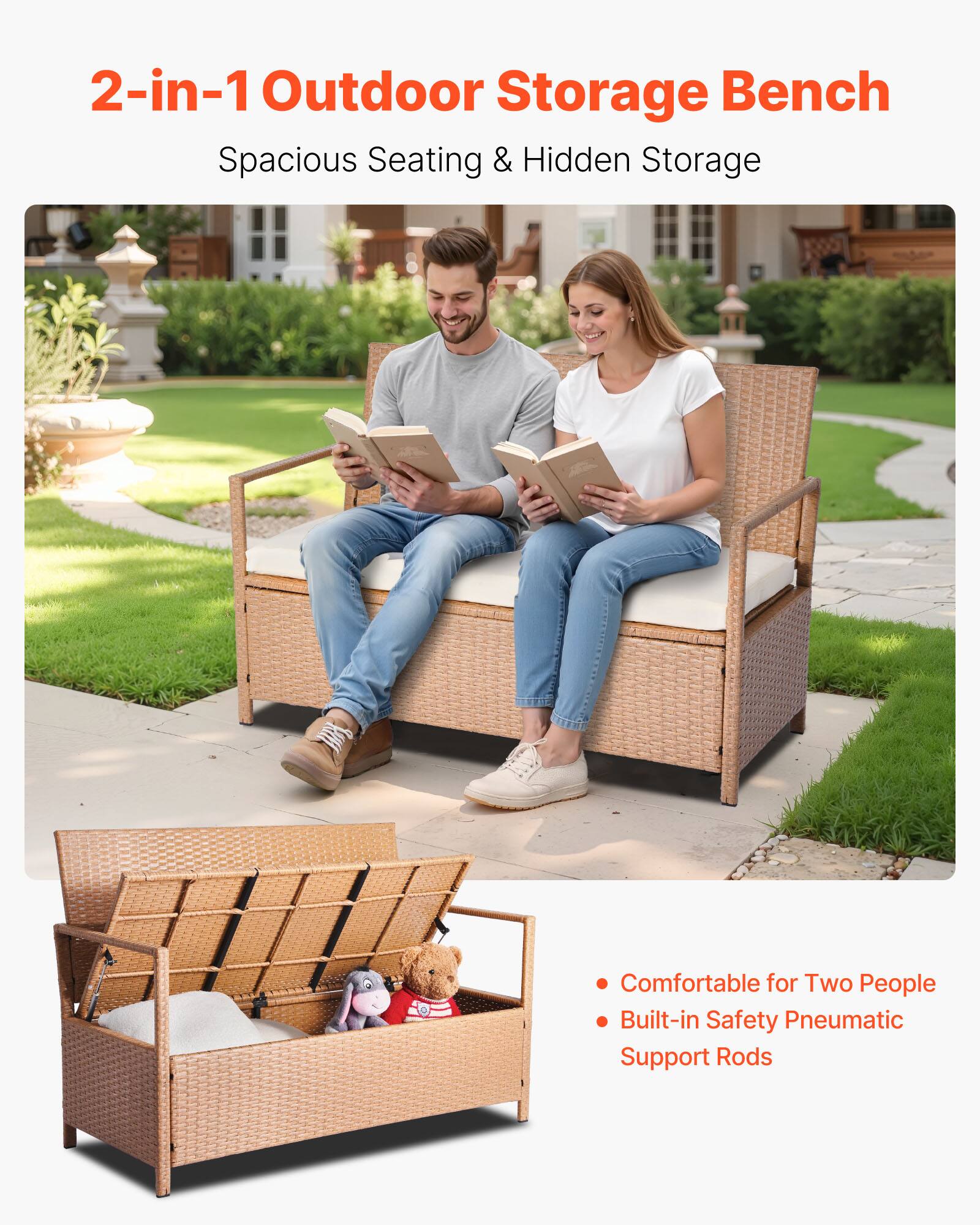 2-in-1 Outdoor Storage Bench  
Spacious Seating & Hidden Storage  

Comfortable for Two People  
Built-in Safety Pneumatic Support Rods