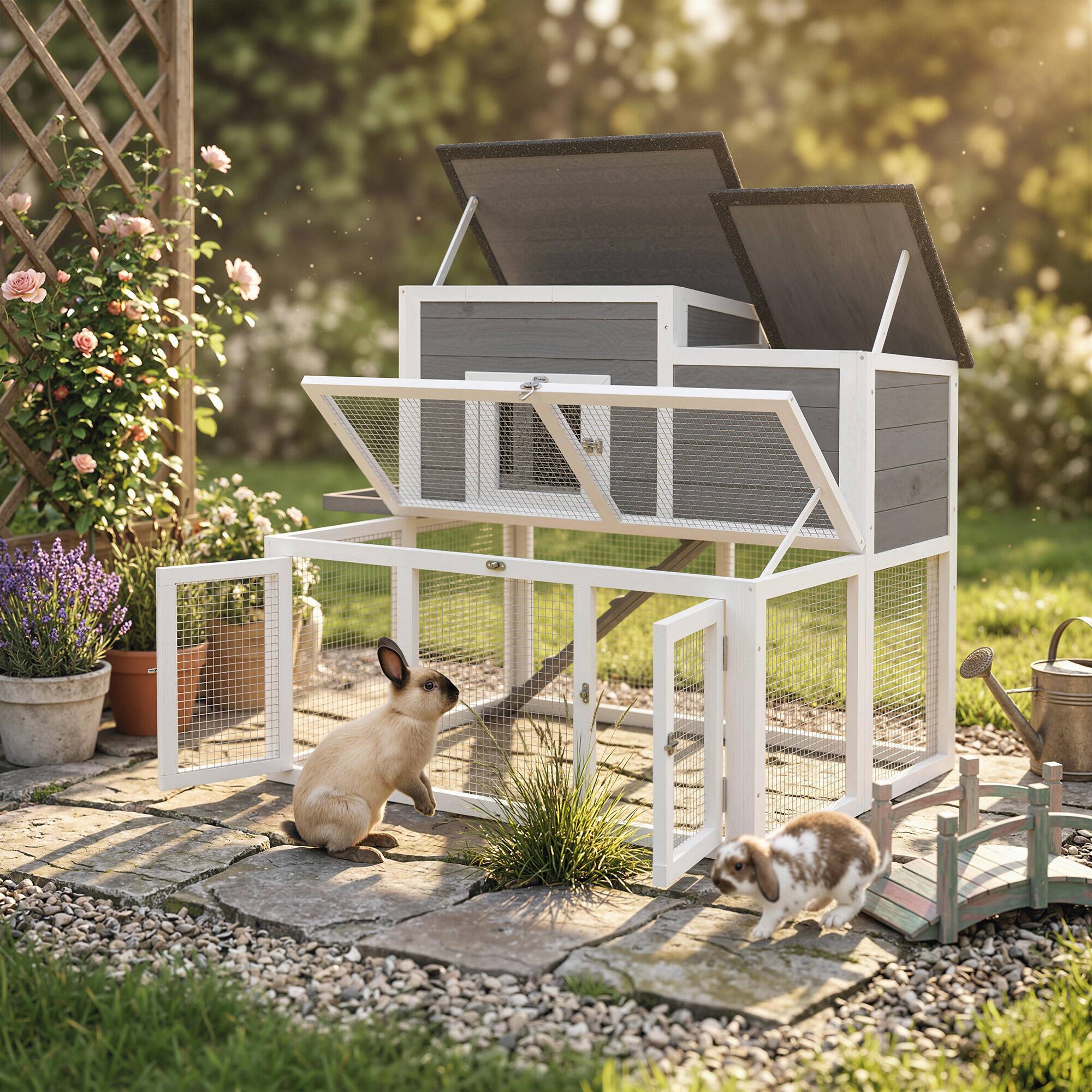 Alt View 7. Pawhut - Rabbit Hutch, 2-Story Bunny Cage with Run, Waterproof & Openable Roof - Gray.