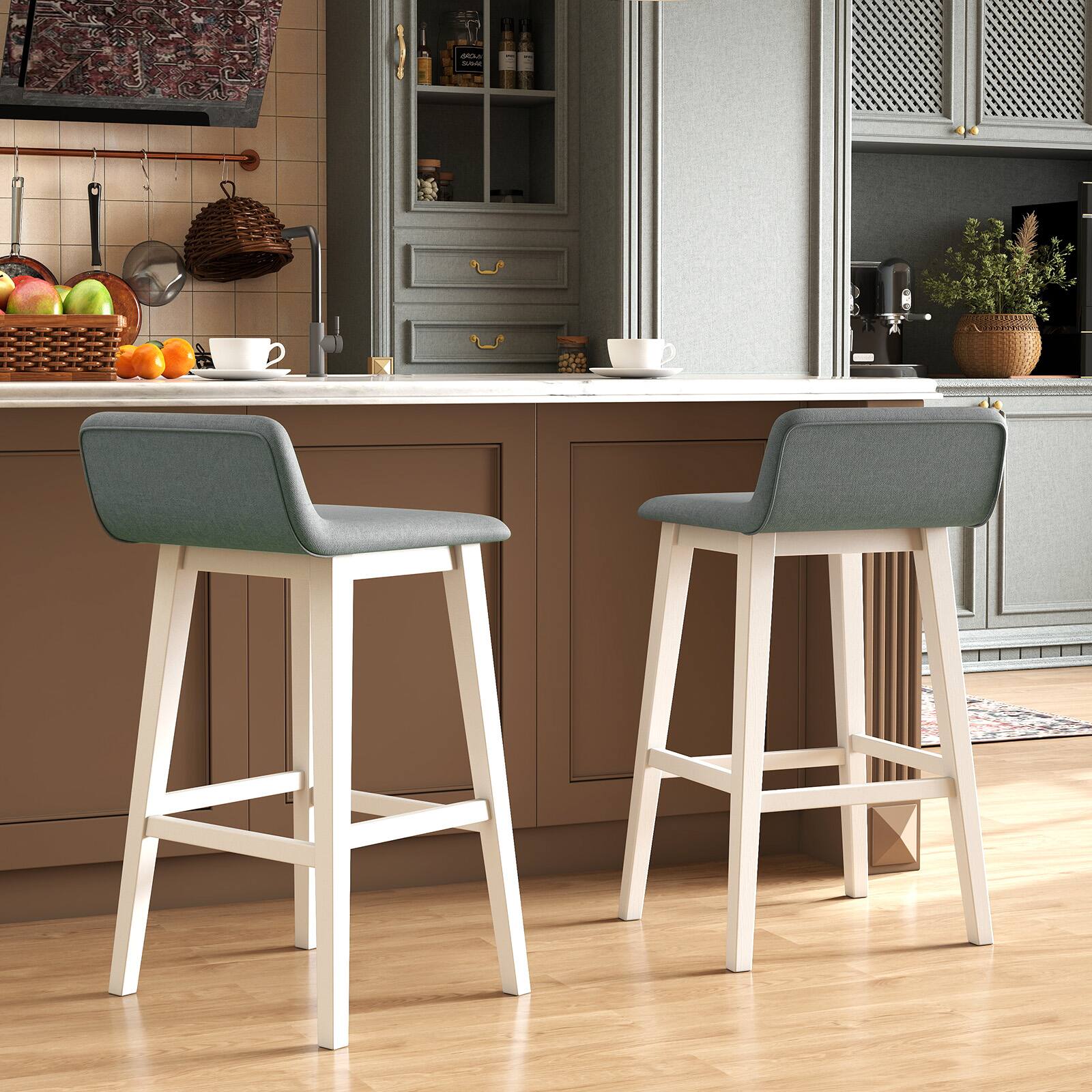 Alt View 3. Gymax - Gymax 29'' Upholstered Barstools w/ Low Back Footrest & Wood Legs for Kitchen Island - White, Gray.