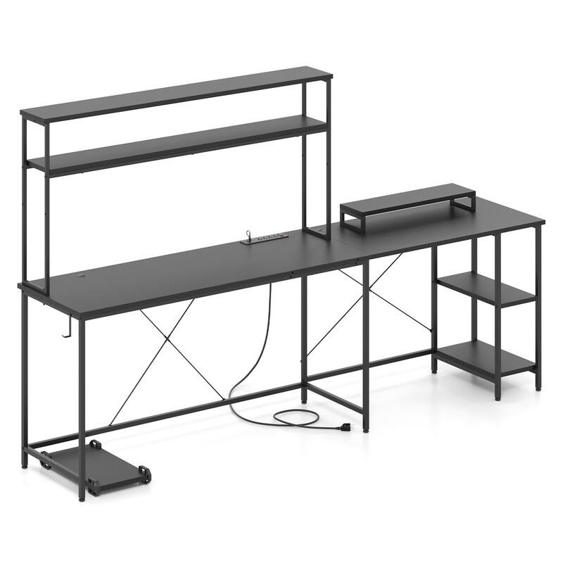 Alt View 6. WELLFOR - Large Reversible Computer Desk with LED Light &  Power Outlets, L Shape Desk Gaming Desk with Hutch& Monitor Stand - Black.