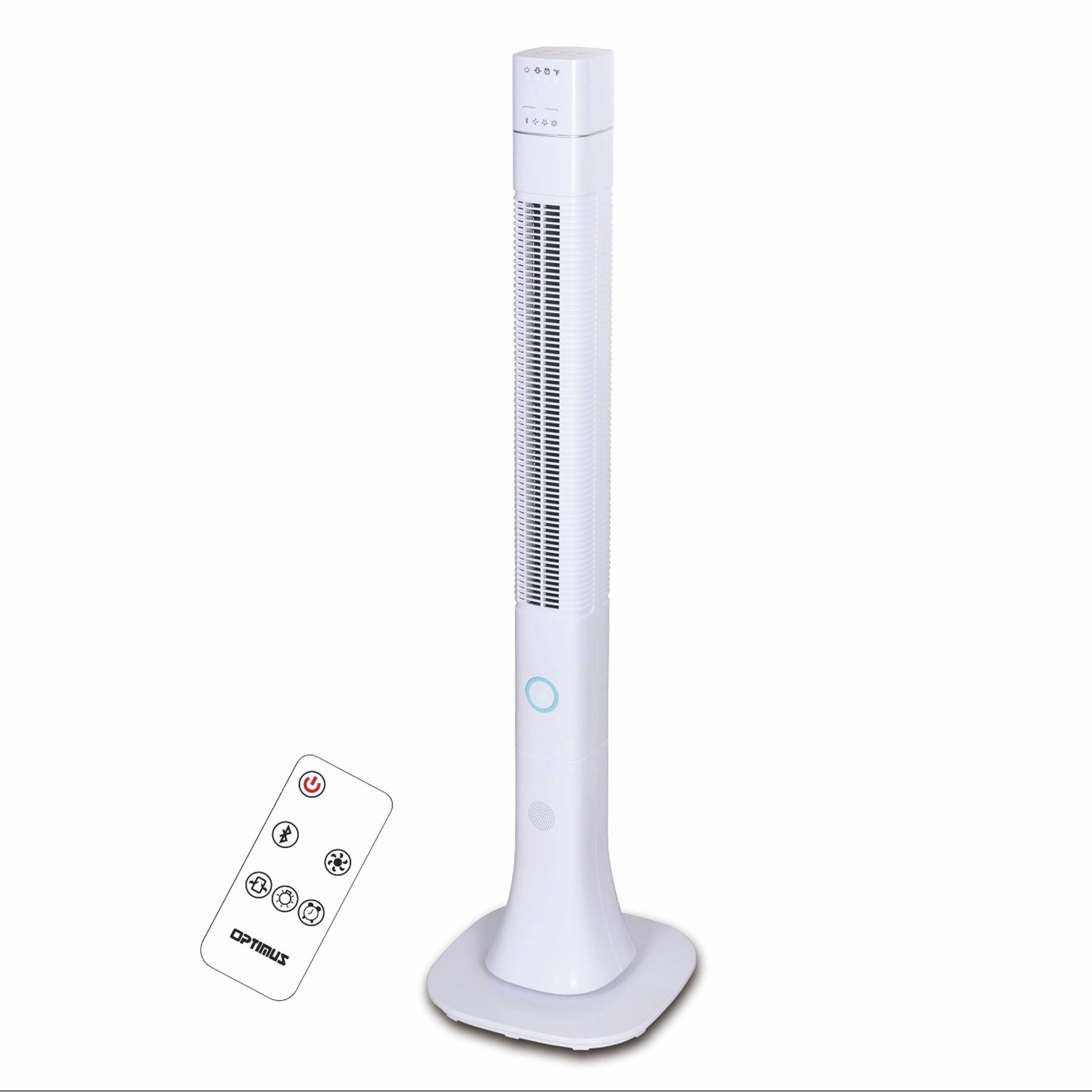 Optimus - 48 Inch Pedestal Tower Fan with Remote Control, Bluetooth and LED - White