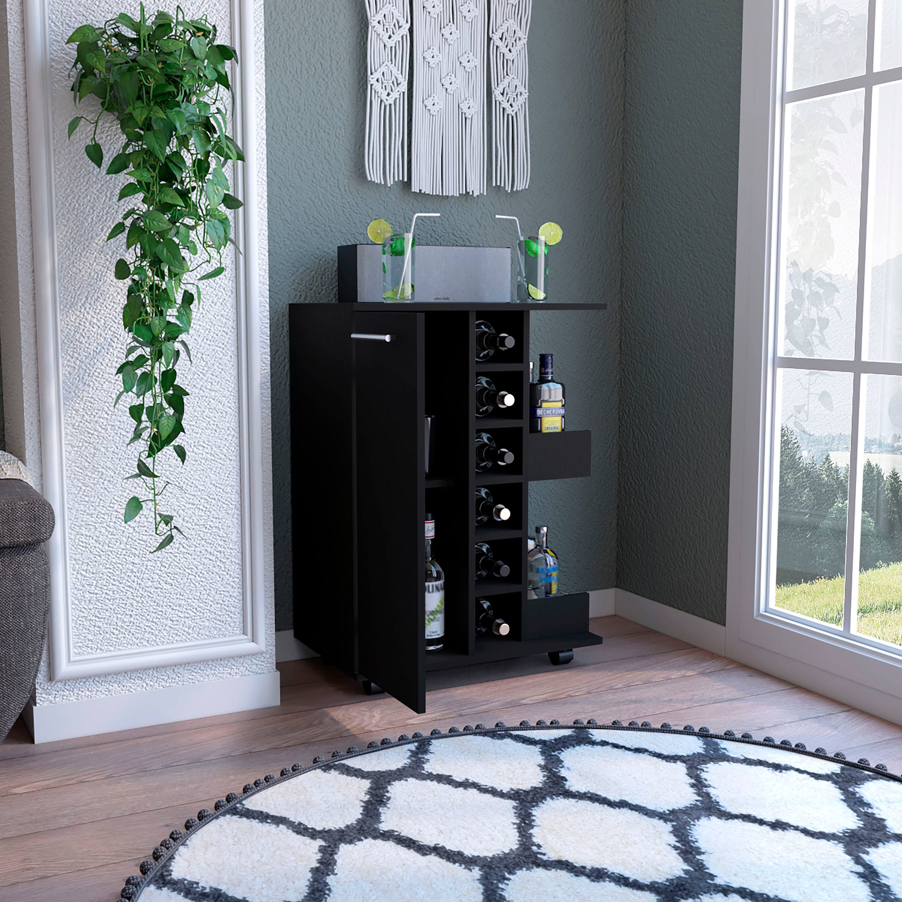 Alt View 1. TuHome - Bar Cart, Two External Shelves, Four Casters, Six Built-In Wine Rack, Single Door Cabinet, Bar Room or Living Room - Black.