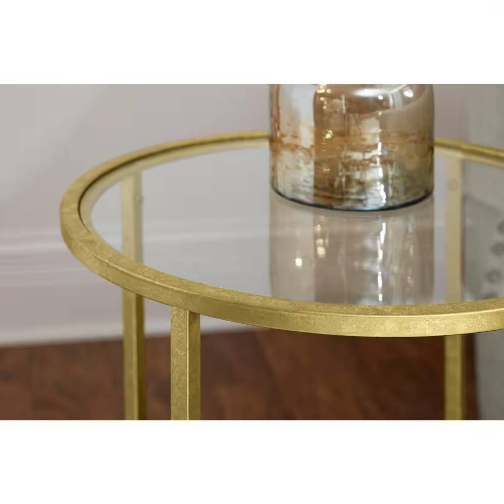 Angle. Hivvago - Round Accent Side Table Gold Metal Glass Top Bottom Shelf End Table - gold.