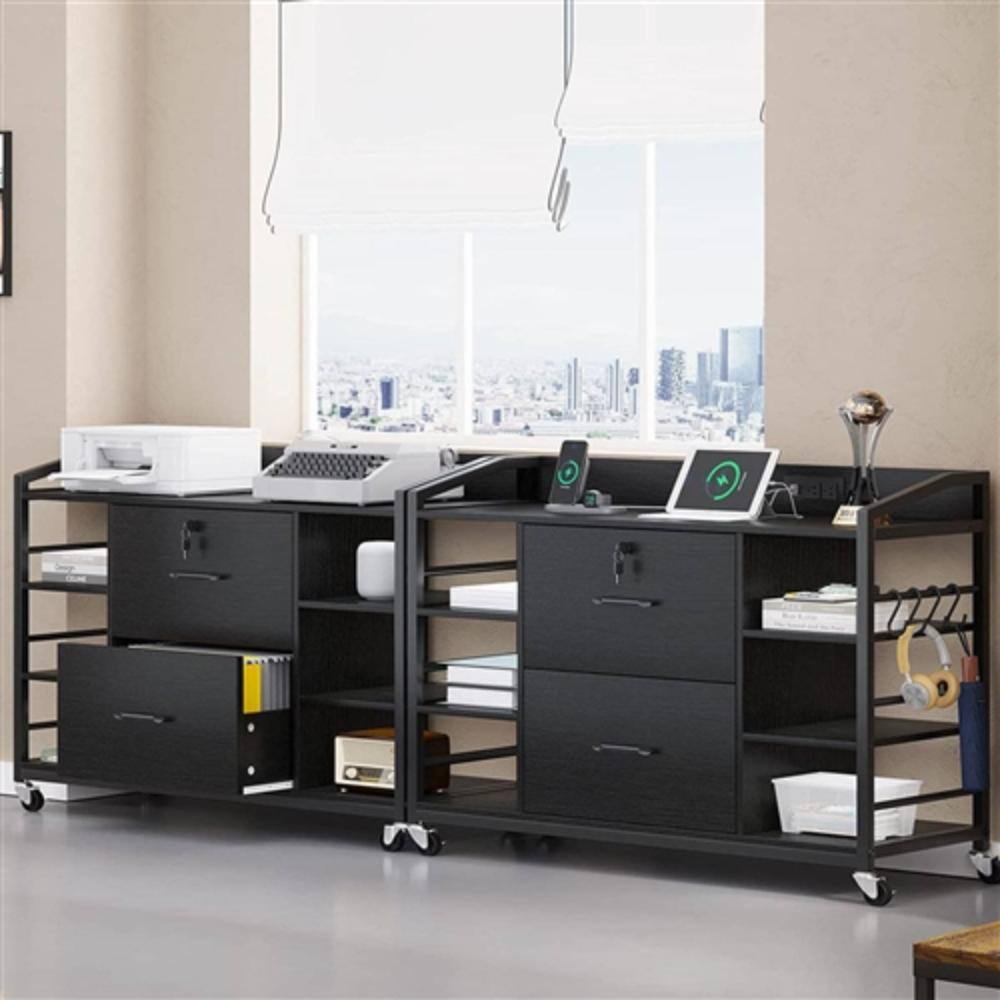 Angle. Hivvago - Black Printer Stand Bookcase Power Station Mobile Office File Cabinet - Black.
