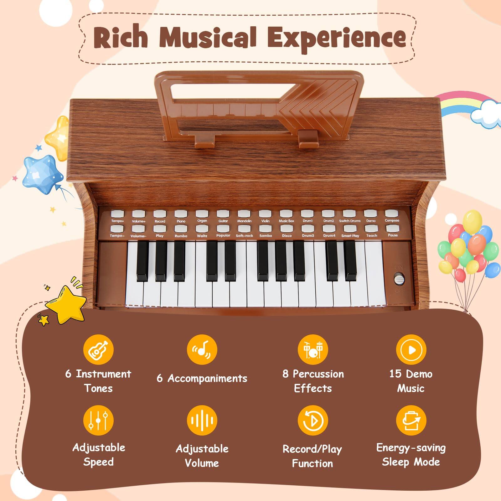 Rich Musical Experience

- 6 Instrument Tones
- 6 Accompaniments
- 8 Percussion Effects
- 15 Demo Music
- Adjustable Speed
- Adjustable Volume
- Record/Play Function
- Energy-saving Sleep Mode