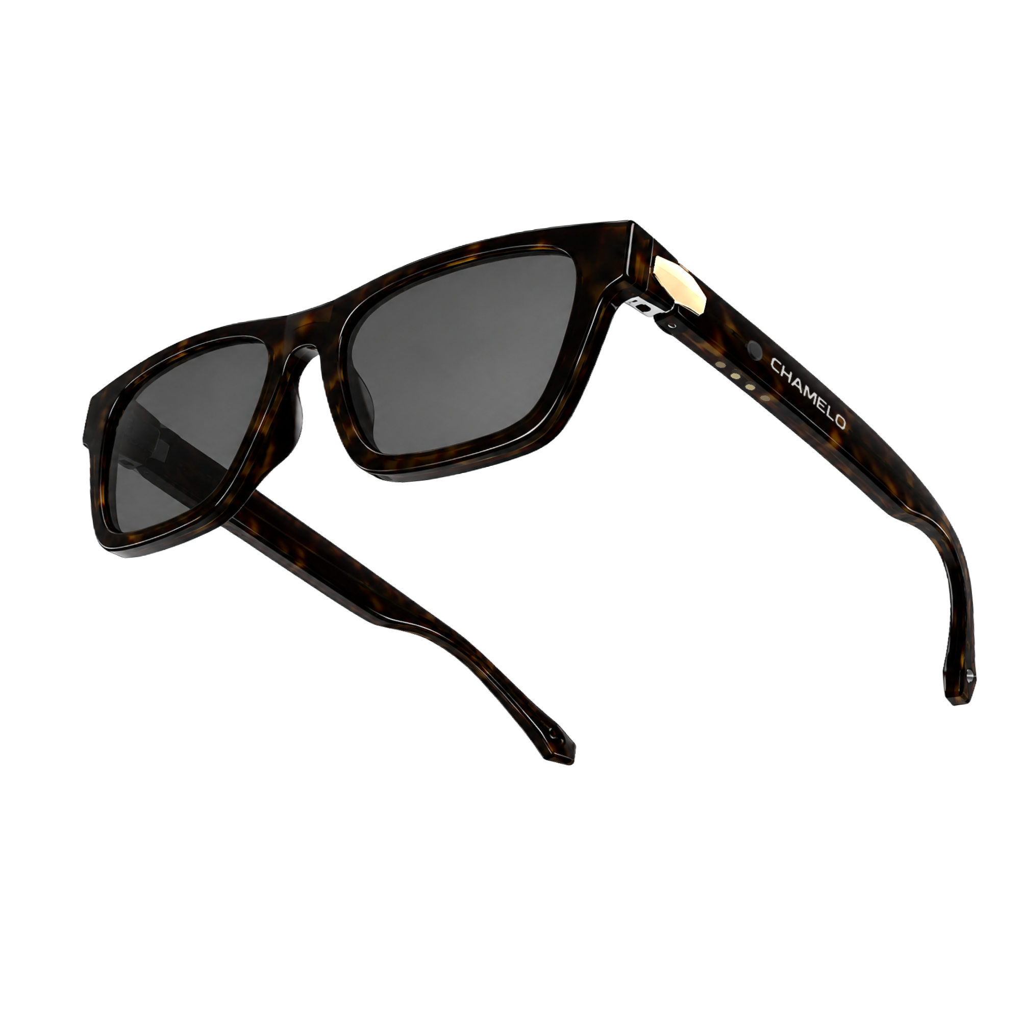 Angle. Chamelo - Lion City Audio Sunglasses with Instant Adjustable Tint - Tortoise.
