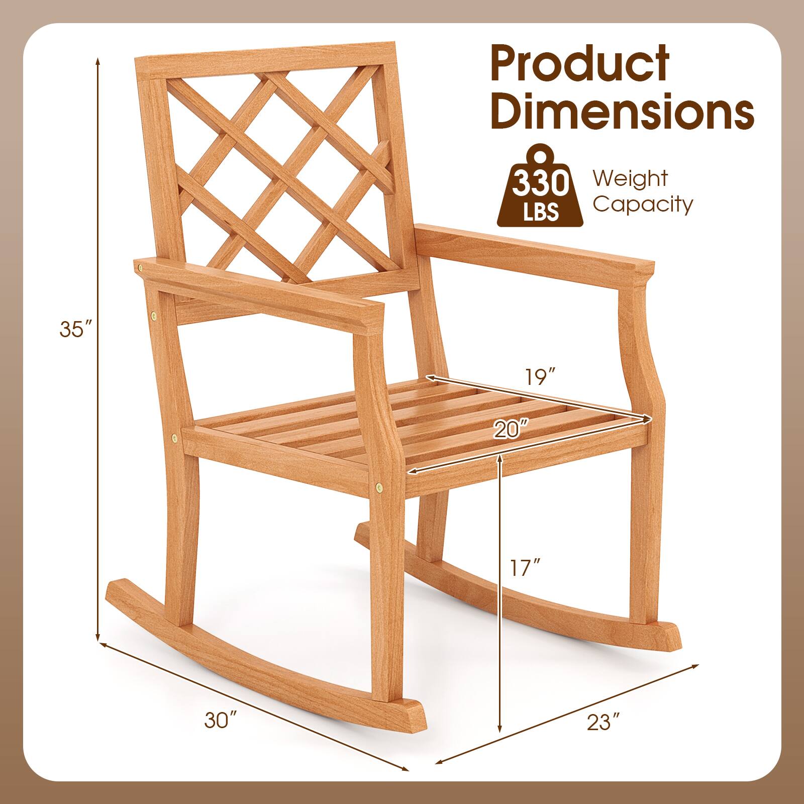 Product Dimensions: 330 LBS Weight Capacity  
35" x 19" x 20" x 17" x 30" x 23"