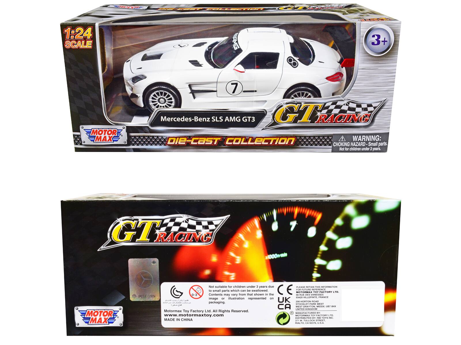 E (C) www.motormaxtoy.com

1:24 SCALE AMG
3+ MOTOR MAX 7 Mercedes-Benz SLS AMG GT3 GT RACING DIE-CAST COLLECTION

WARNING: CHOKING HAZARD Small parts. Not for children under 3 years.

GT RACING 2000wmin MOTOR MAX Not suitable for children under 3 years due to small parts which can be swallowed

MOTOR MAX Toy Factory Ltd. All Rights Reserved.

MADE IN CHINA

www.motormaxtoy.com