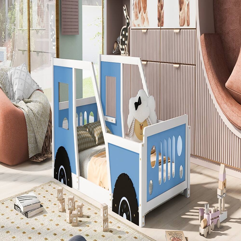 Alt View 1. Loheer - Loheer Twin Size Classic Car Shaped Platform Bed with Wheels, Blue Kids Wooden Bed Frame - Blue.