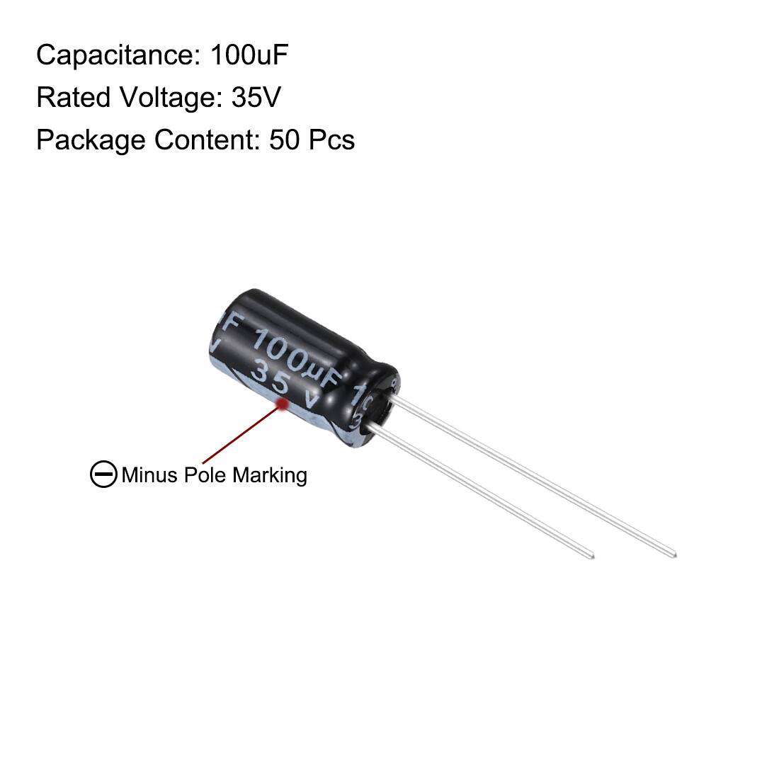 Capacitance: 100uF  
Rated Voltage: 35V  
Package Content: 50 Pcs  

F 100uF 35V 10 3  

Minus Pole Marking