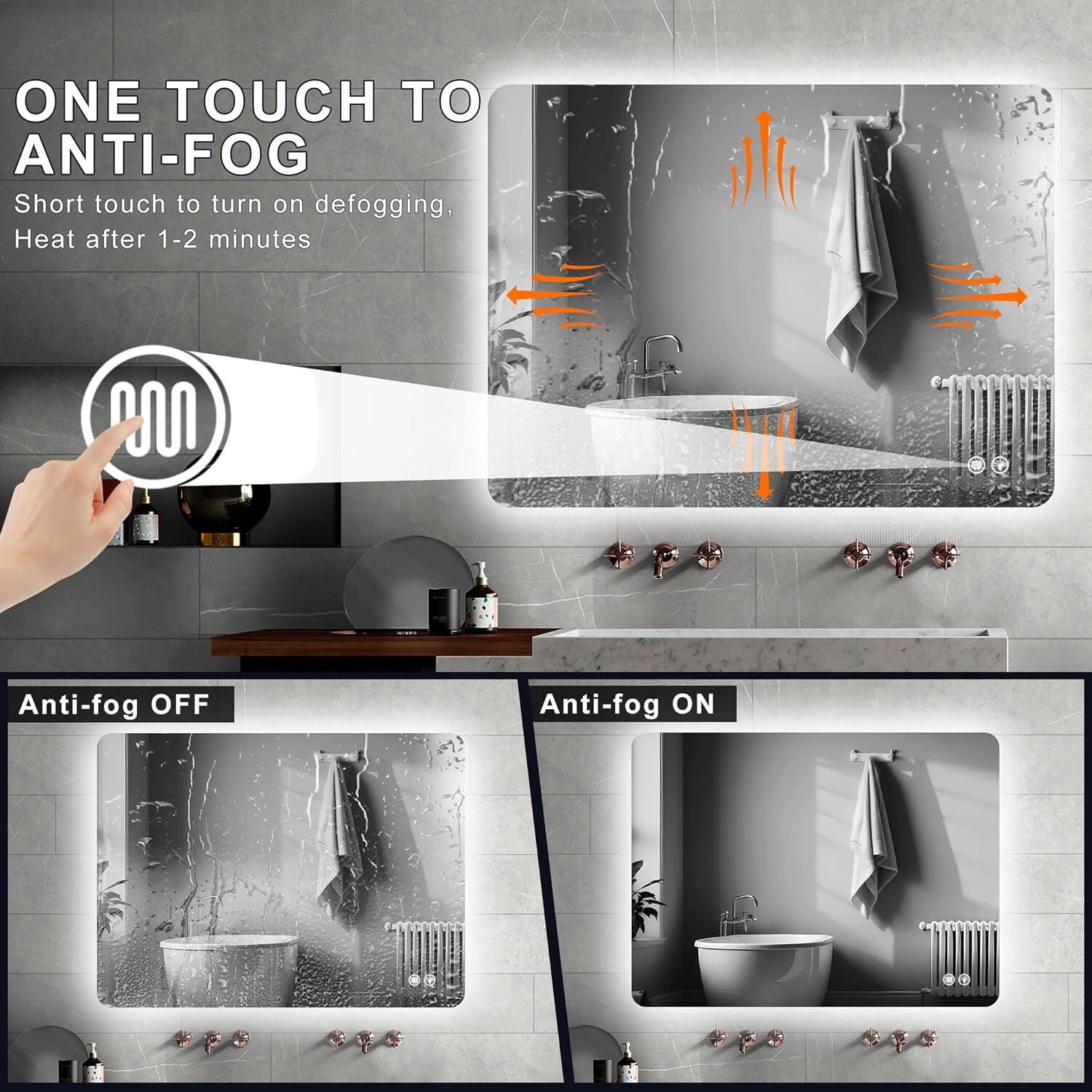 ONE TOUCH TO ANTI-FOG  
Short touch to turn on defogging, Heat after 1-2 minutes  

Anti-fog OFF  
Anti-fog ON