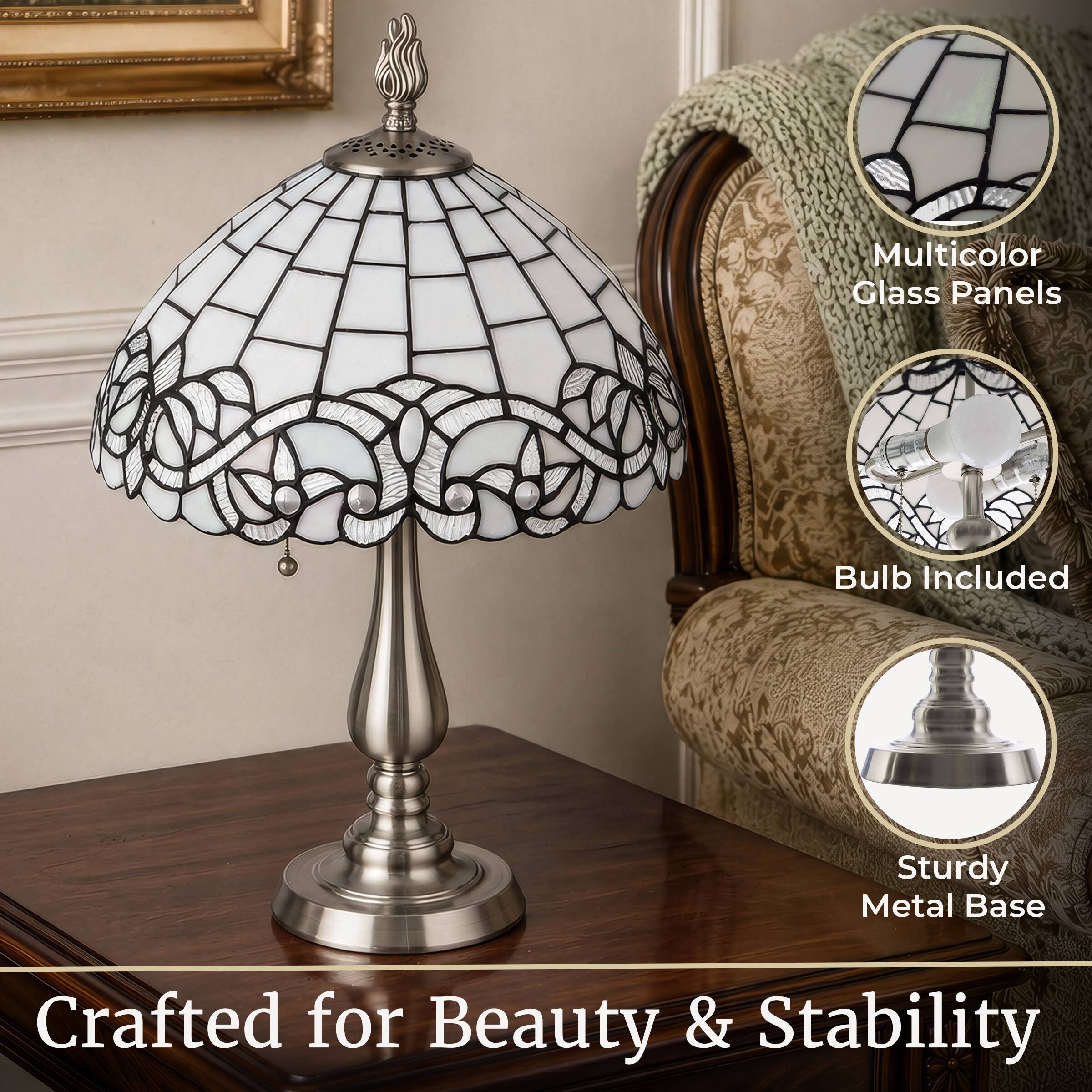 Multicolor Glass Panels  
Bulb Included  
Sturdy Metal Base  
Crafted for Beauty & Stability