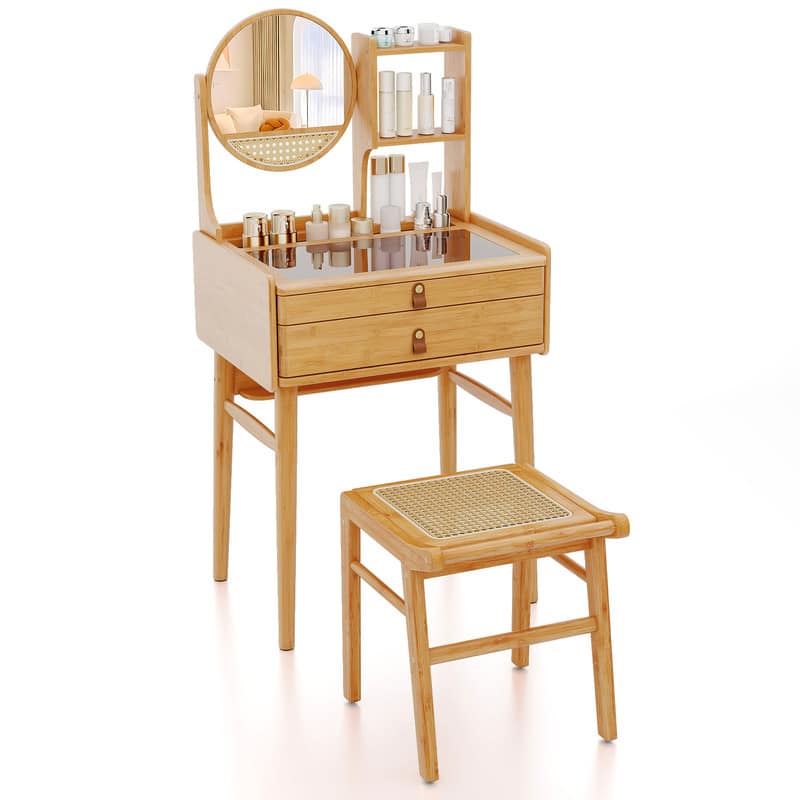WELLFOR - 23.5 in Compact Bamboo Makeup Vanity Desk Set with 360° Rotatable Round Mirror,Tempered Glass Tabletop，2 Drawers& Stool - Natural