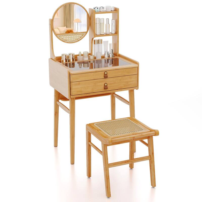 Front. WELLFOR - 23.5 in Compact Bamboo Makeup Vanity Desk Set with 360° Rotatable Round Mirror,Tempered Glass Tabletop，2 Drawers& Stool - Natural.