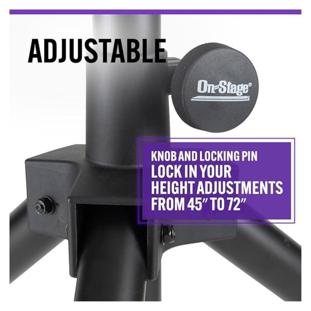 ADJUSTABLE On-Stage KNOB AND LOCKING PIN LOCK IN YOUR HEIGHT ADJUSTMENTS FROM 45" TO 72"