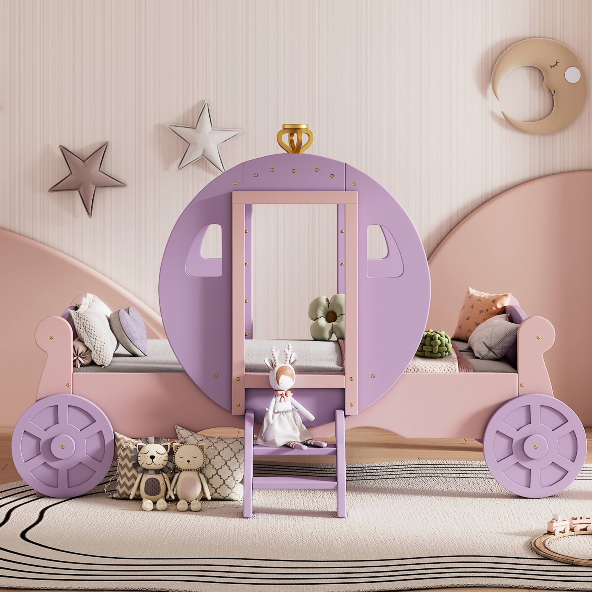 Angle. GOODSILO - Twin Size Princess Carriage Bed with Crown and Wood Platform Design Including Staircase - Pink.
