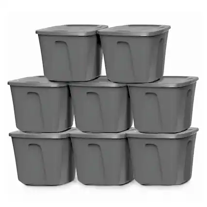 Front. Homz - Homz 18-Gallon Stackable Plastic Storage Tote Container with Snap-On Lid, 8 Pack - Titanium Silver.