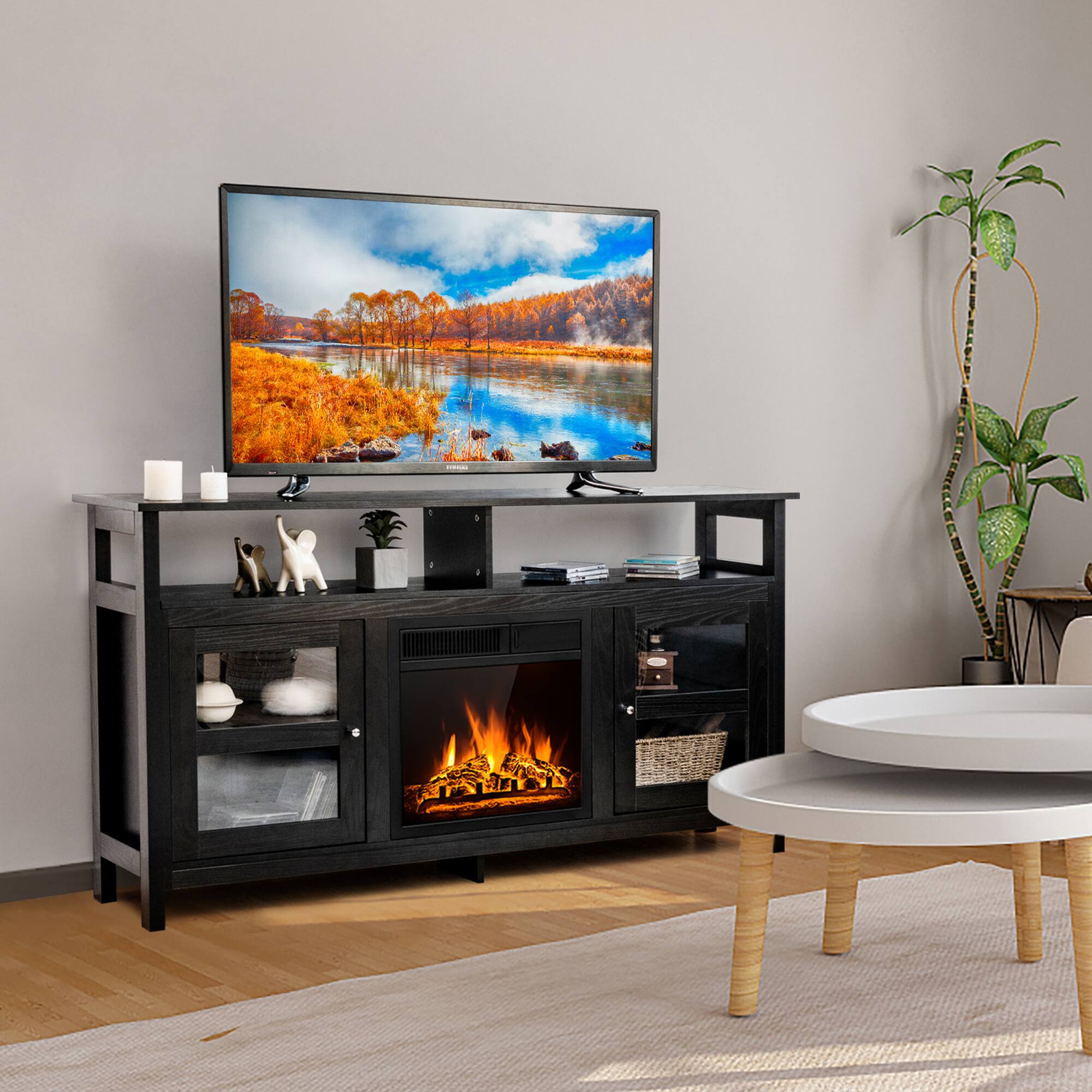 Alt View 2. Gymax - Gymax 58'' Fireplace TV Stand W/18'' 1500W Electric Fireplace up to 65'' Black - Black.