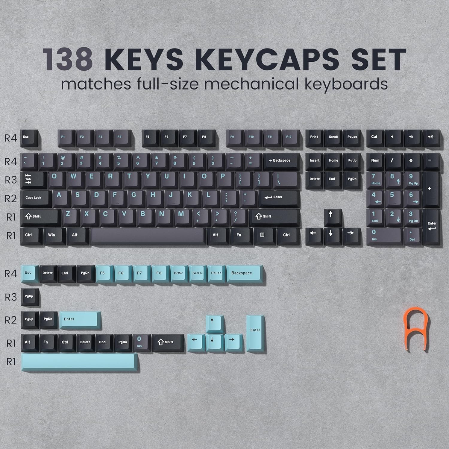 138 KEYS KEYCAPS SET matches full-size mechanical keyboards

R4: Esc F1 F2 F3 F4 F5 F6 F7 F8 F9 F10 F11 F12 Print Scroll Pause Cal 1 2 3 4 5 6 7 8 9 0 - + Backspace Insert Home PgUp Num / * - R3: Tab Q W E R T Y U I O P [ ] \ R2: Caps Lock A S D F G H J K L ; ' R1: Shift Z X C V B N M , . / Shift

R4: Esc Delete End PgDn F5 F6 F7 F8 PrtScn ScrLk Pause Backspace R3: PgUp R2: PgDn Enter R1: Alt Fn Ctrl Delete End PgDn Ins Shift