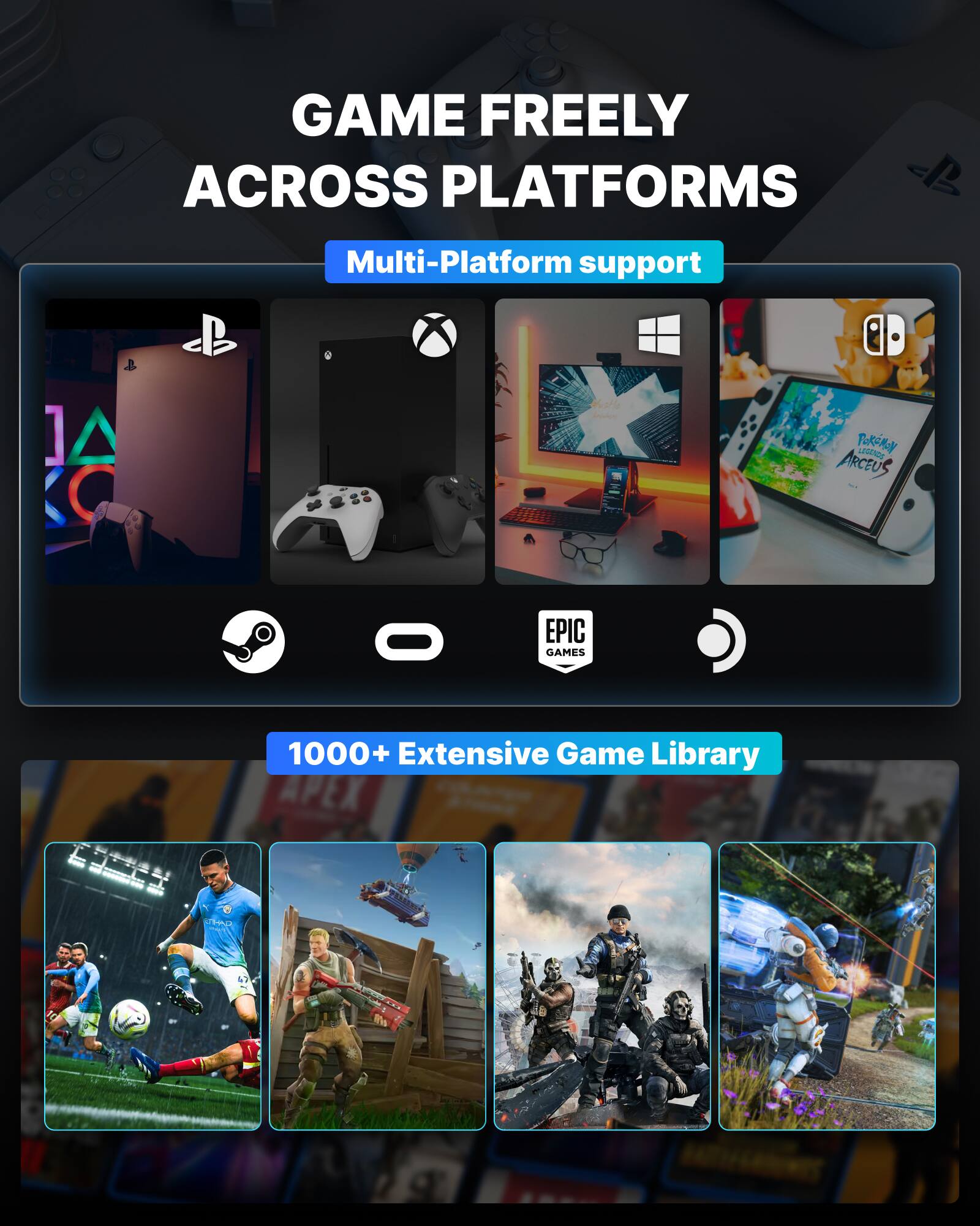 GAME FREELY ACROSS PLATFORMS

Multi-Platform support

1000+ Extensive Game Library