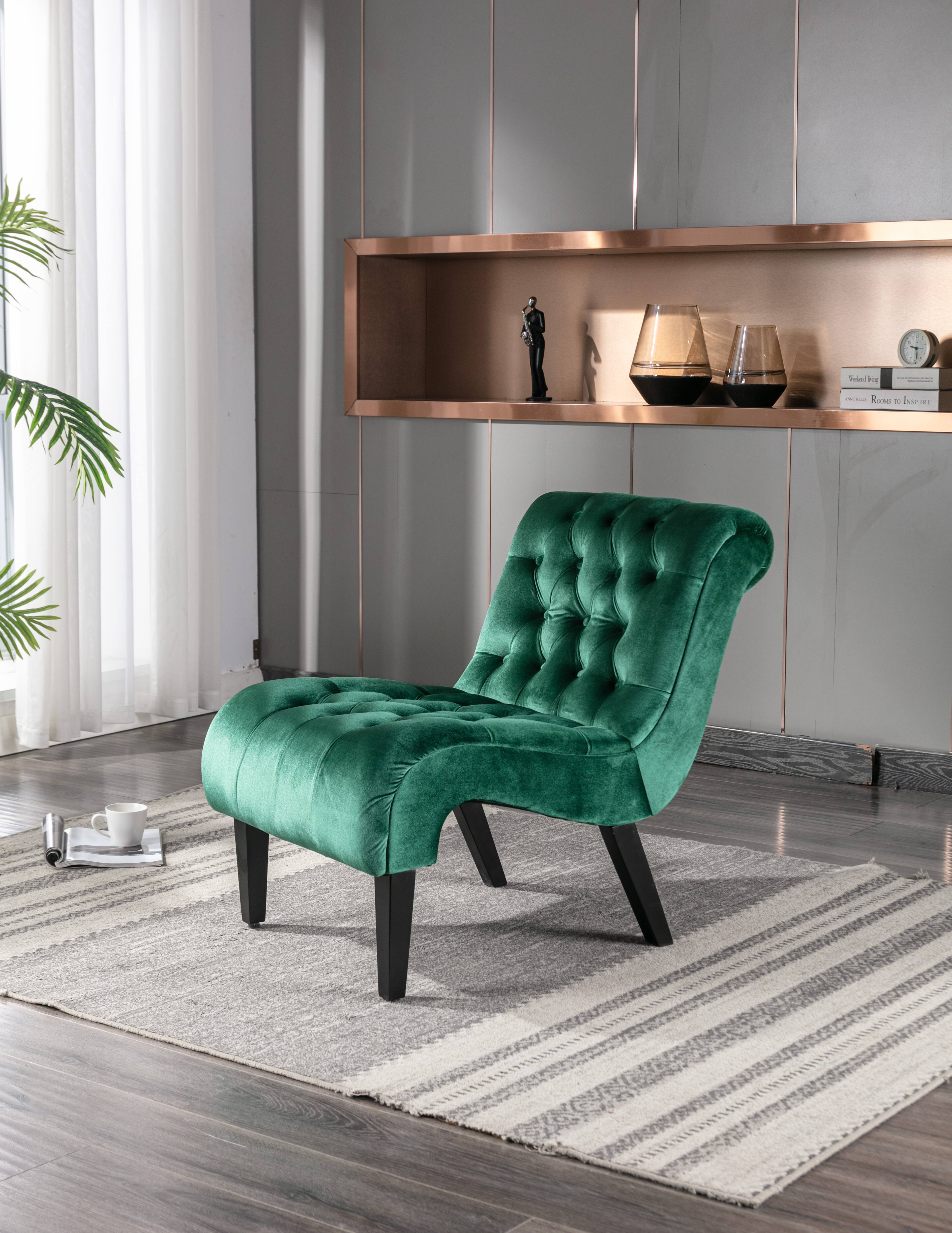 Angle. Trinkets Crazed - Velvet Accent Lounge Chair for Living Room, Modern Leisure Chair with Tufted Backrest, Indoor Armless Side Chair - Green.